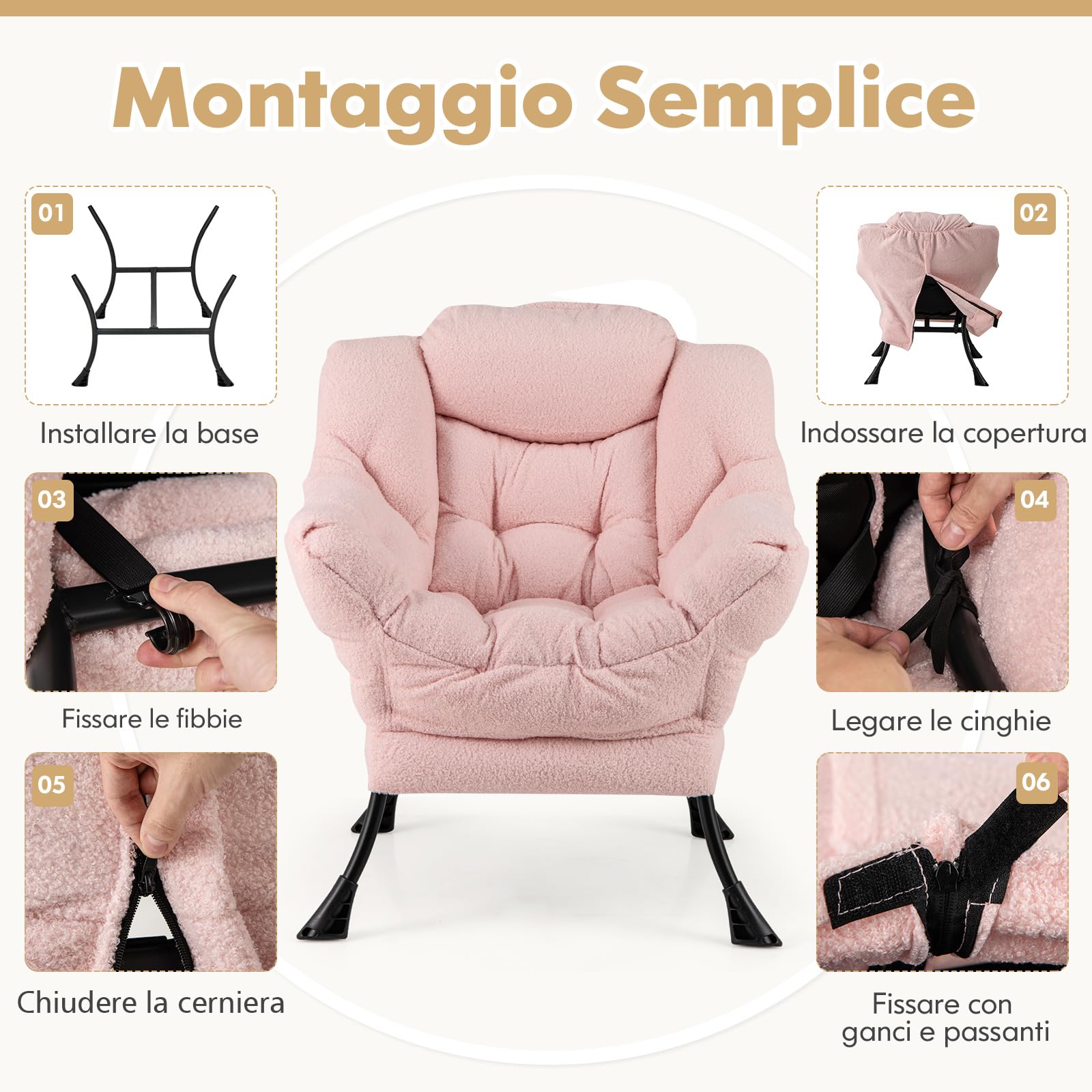 COSTWAY Poltrona Relax, Poltrona da Lettura con Cuscino, Elegante con Schienale e Seduta Imbottiti, Braccioli e Tasca di Stoccaggio, Portata 150 kg (Senza Pouf, Cashmere Rosa)