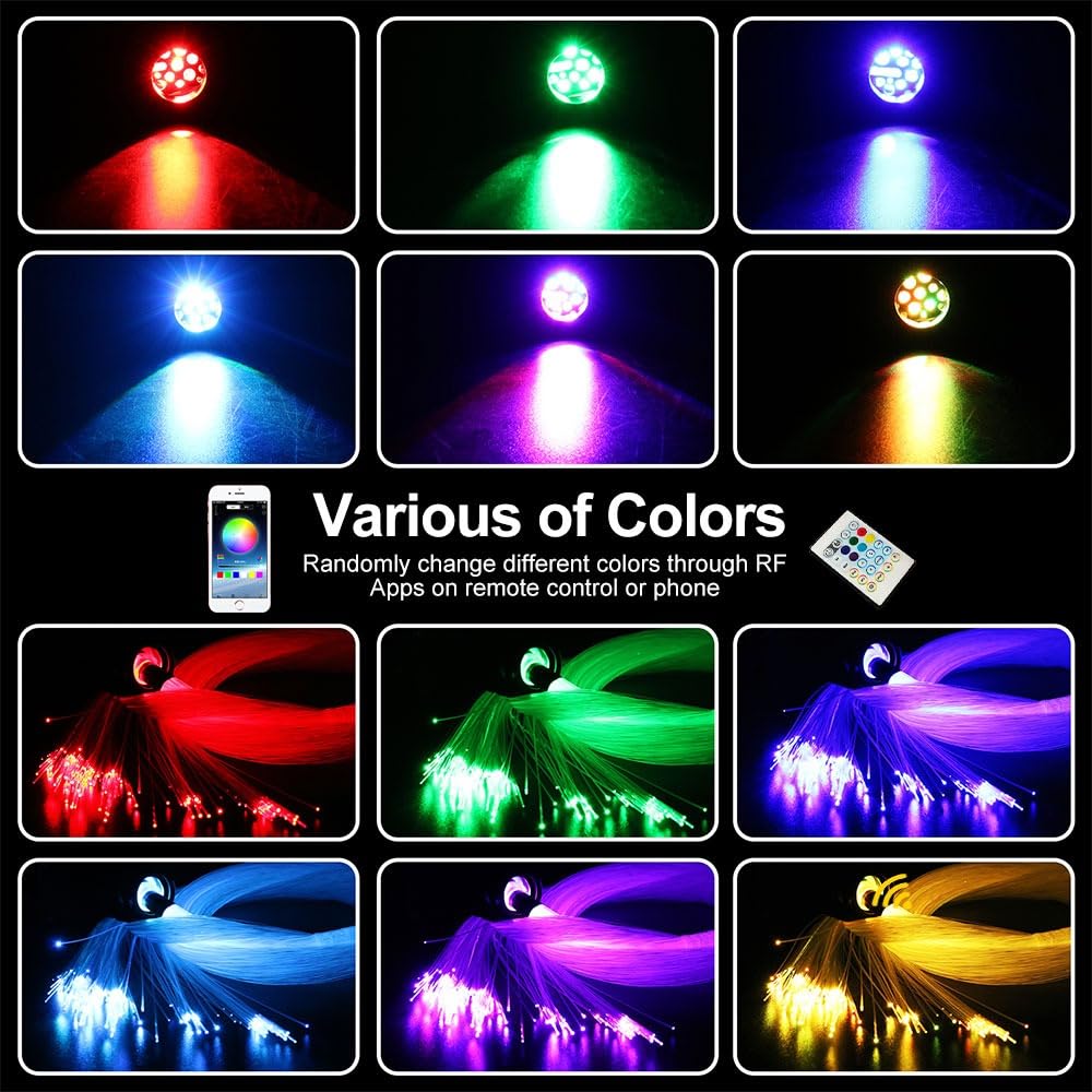 Lámpara de techo de 16 W con efecto cielo estrellado de fibra óptica para auto con 650 piezas * 0,75 mm * 3 m Twinkle Meteor 2 en 1 Modelo Música Sync APP Control para regalos de boda Luces de