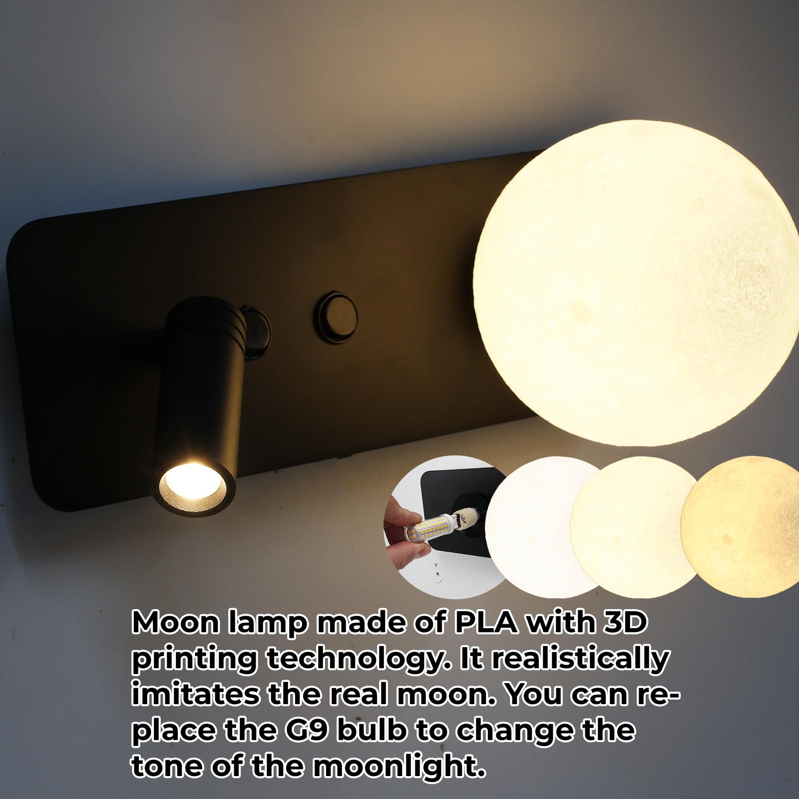 Alpinaluz Applique murale noire avec boule 3D style lune et spot de lecture LED 3 W 2800 K - Double interrupteur, culot G9, design moderne en métal pour chambre et tête de lit