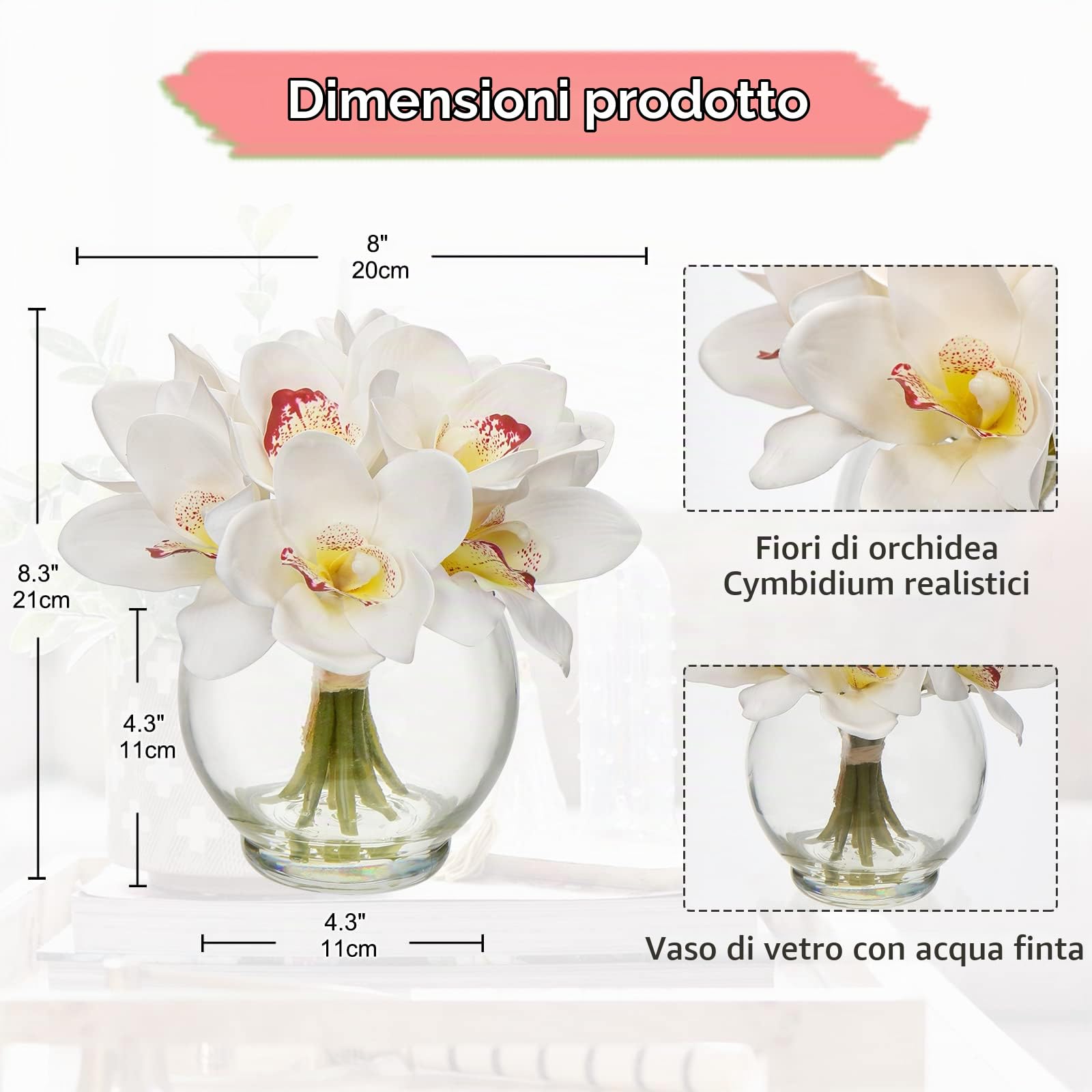 9 fiori artificiali in vaso vero tocco, orchidea finto Cymbidium fiore in vaso di vetro con finta acqua seta bianca finta Phalaenopsis disposizione per casa matrimonio tavolo centrotavola decorazione