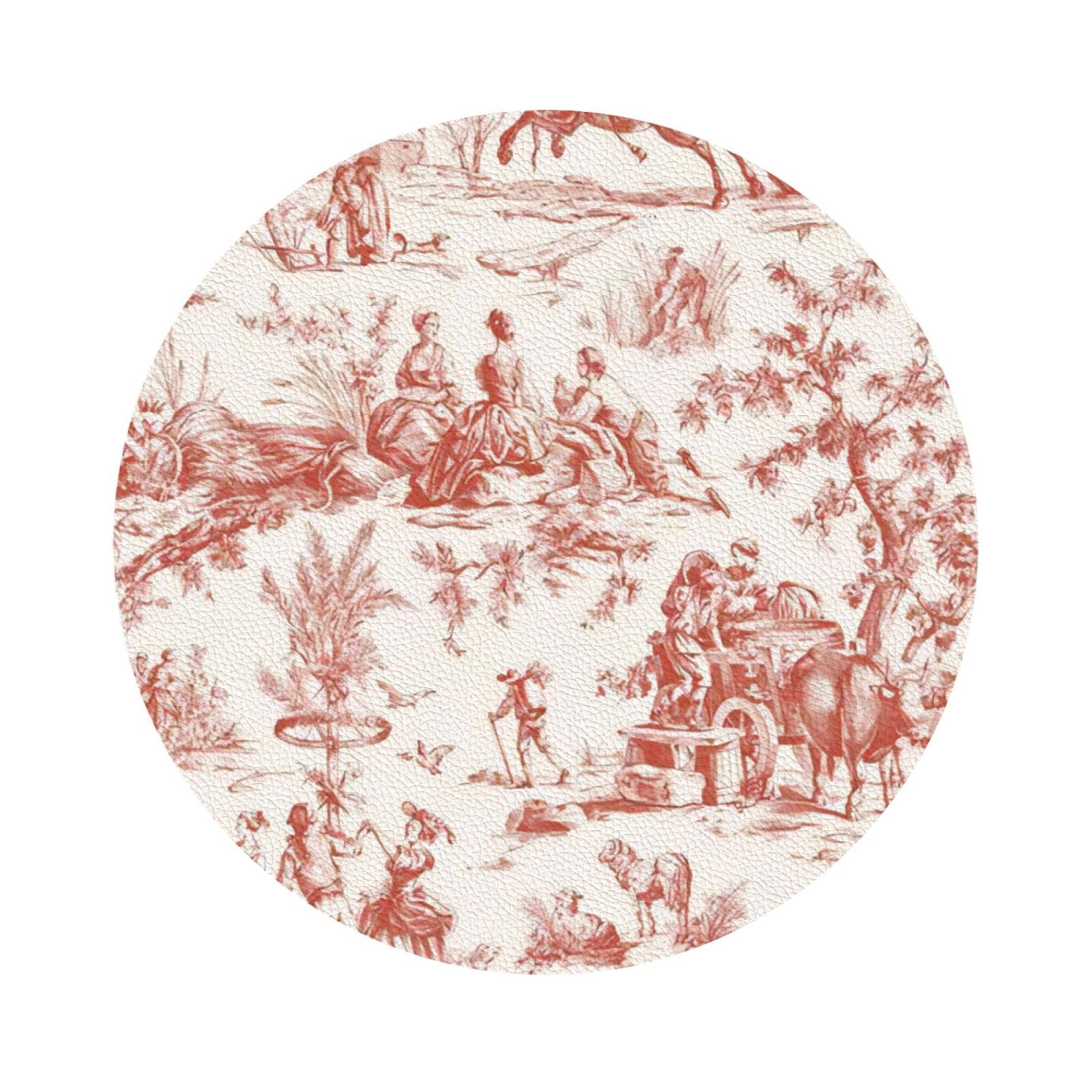 Leather Coasters Set of 6,Red French Country Toile Pattern Coffee Drink Tea Leather Place Mats,for Living Room, Kitchen Round Shape