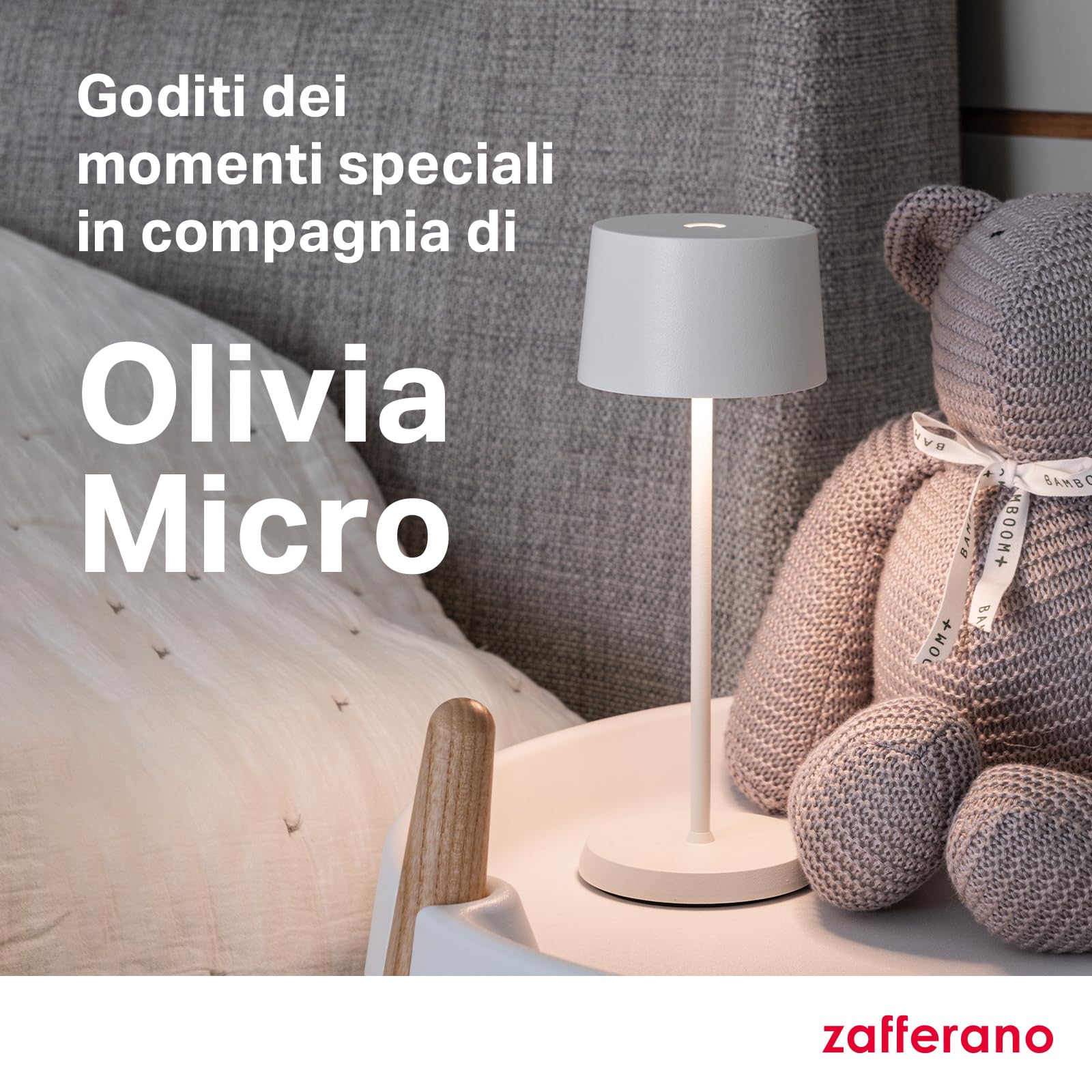 Zafferano, Lampada Olivia Micro, Lampada da Tavolo Ricaricabile e Senza Fili con Controllo Touch, Adatta per Salotto ed Esterni, Dimmer, 2200-3000 K, Altezza 20 cm, Colore Sabbia