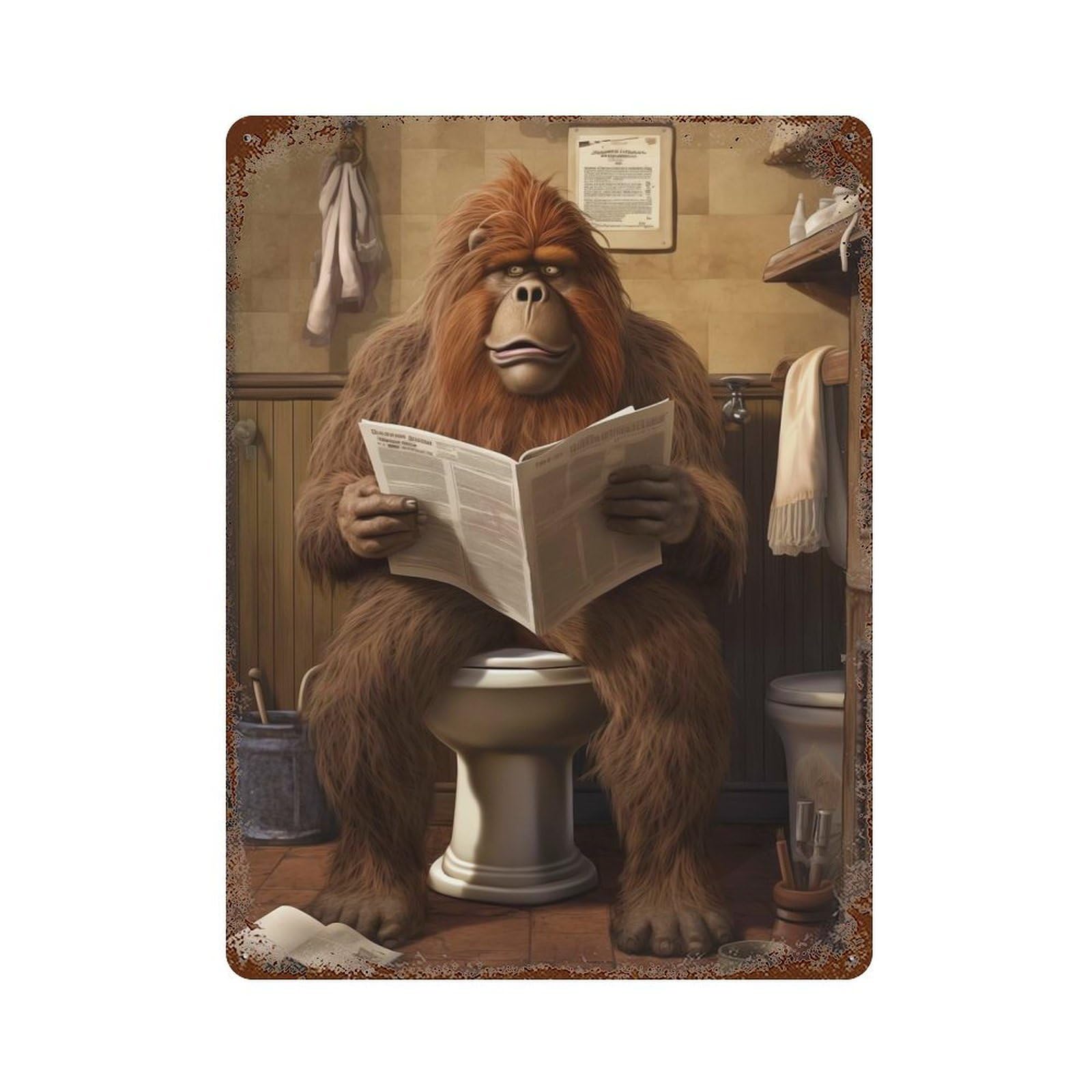 Rustic Tin Plaque Bigfoot Toilet Newspaper 15.7"x11.8", Rustic Home Decor for Office, Studio And Wall Decor