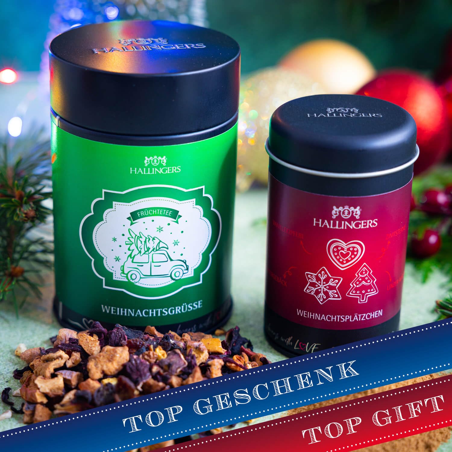 Hallingers Genuss Manufaktur Feinkost Weihnachts-Geschenk-Set - XXL-Wundertüte "Fröhliche Weihn..." großes Mitbringsel Schokolade, Tee, Pralinen, Nougat-Mandeln & Gewürz, Weihnachten für Frauen Männer