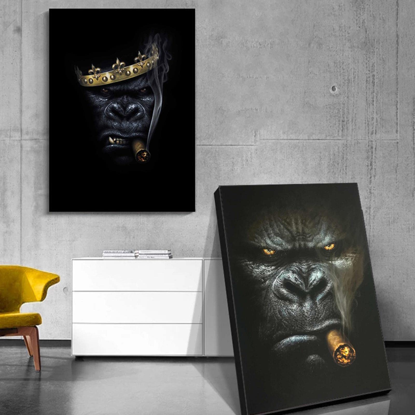 Gorille Fumer Cigare Animal Peinture Impression sur Toile Art Postes et Impressions Mur Art Photo pour Salon Peintures 50x70cm/20x28inx2pcs Sans Cadre