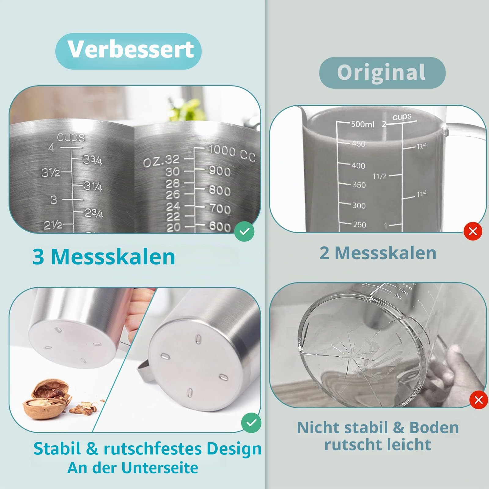 Newness Messbecher Edelstahl, 1000 ML [3 Messskalen, einschließlich Cups, ML, OZ Skala] Milchkännchen mit Markierung mit Griff, Messkanne Milk Pitcher, Edelstahl Messbecher 1l
