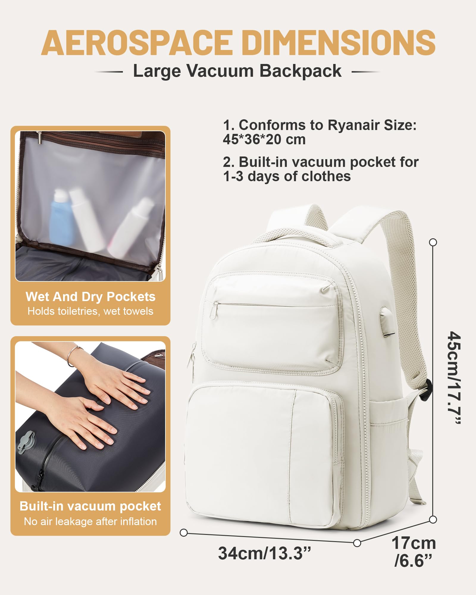 Zaino Sottovuoto Viaggio Con Pompa, Zaino Ryanair Easyjet 45x36x20 Con Sottovuoto Incorporato, Zaino Da Viaggio Grande Da Donna Uomo Aereo Bagaglio a Mano Beige