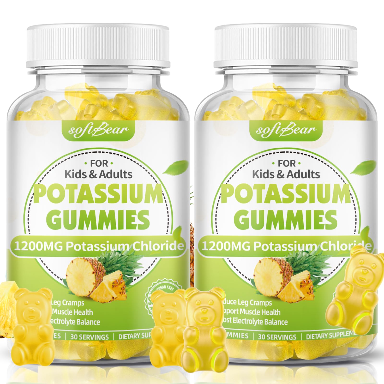 softbear Potassium Chloride Gummies 1200mg, Sugar-Free Potassium Gummies for Adults Support Leg Cramps High Potency Potassium Chloride Supplement, Pineapple Flavor 120 Count Pineapple 60 Count (Pack of 2)