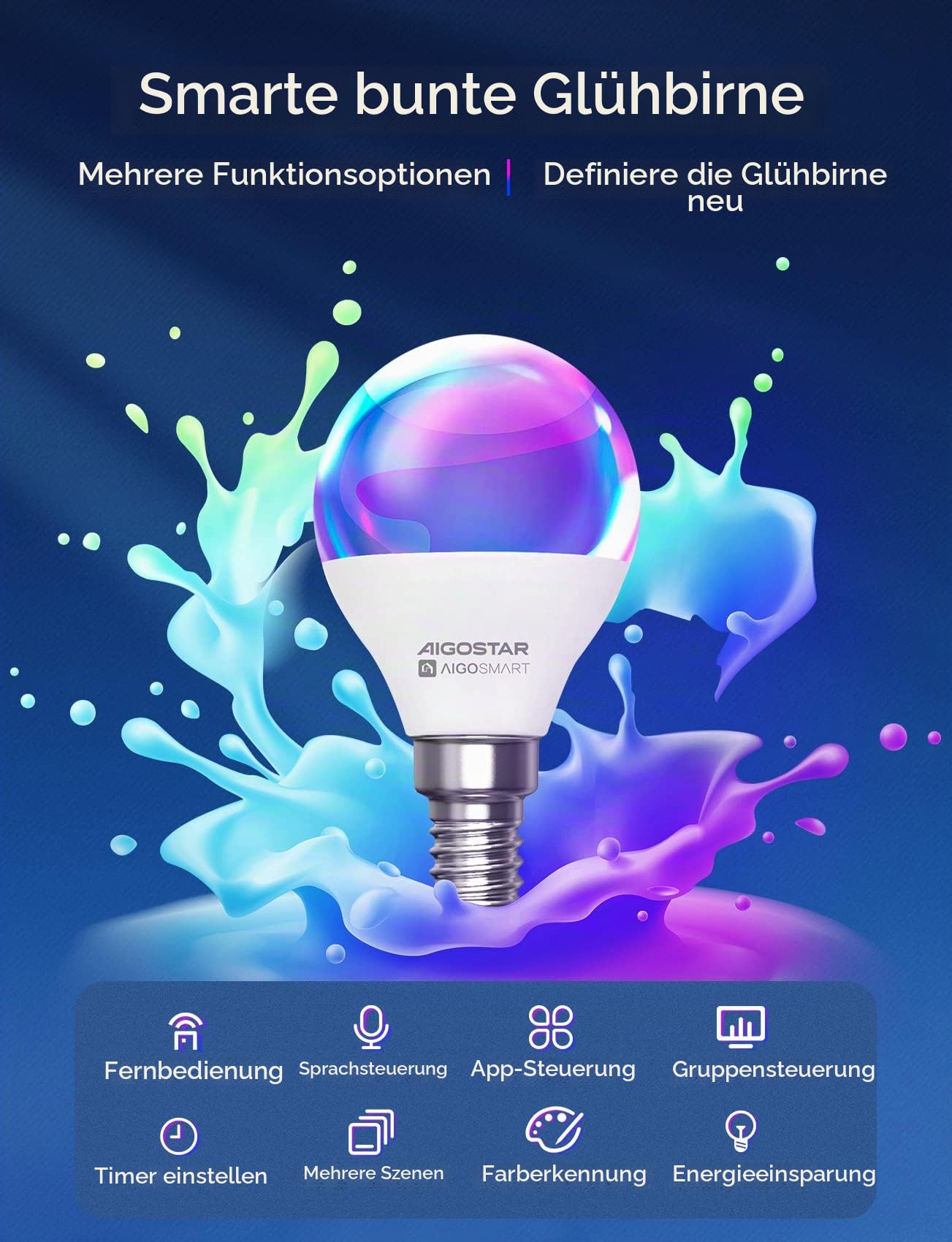 Aigostar Alexa Lampe, Smarte Glühbirne G45 E14 6.5W, Smart Glühbirne RGBCW Kompatibel mit Alexa/Google Home, Kein Hub Erforderlich. Fernbedienung, Sprachsteuerung, 6 Stücke
