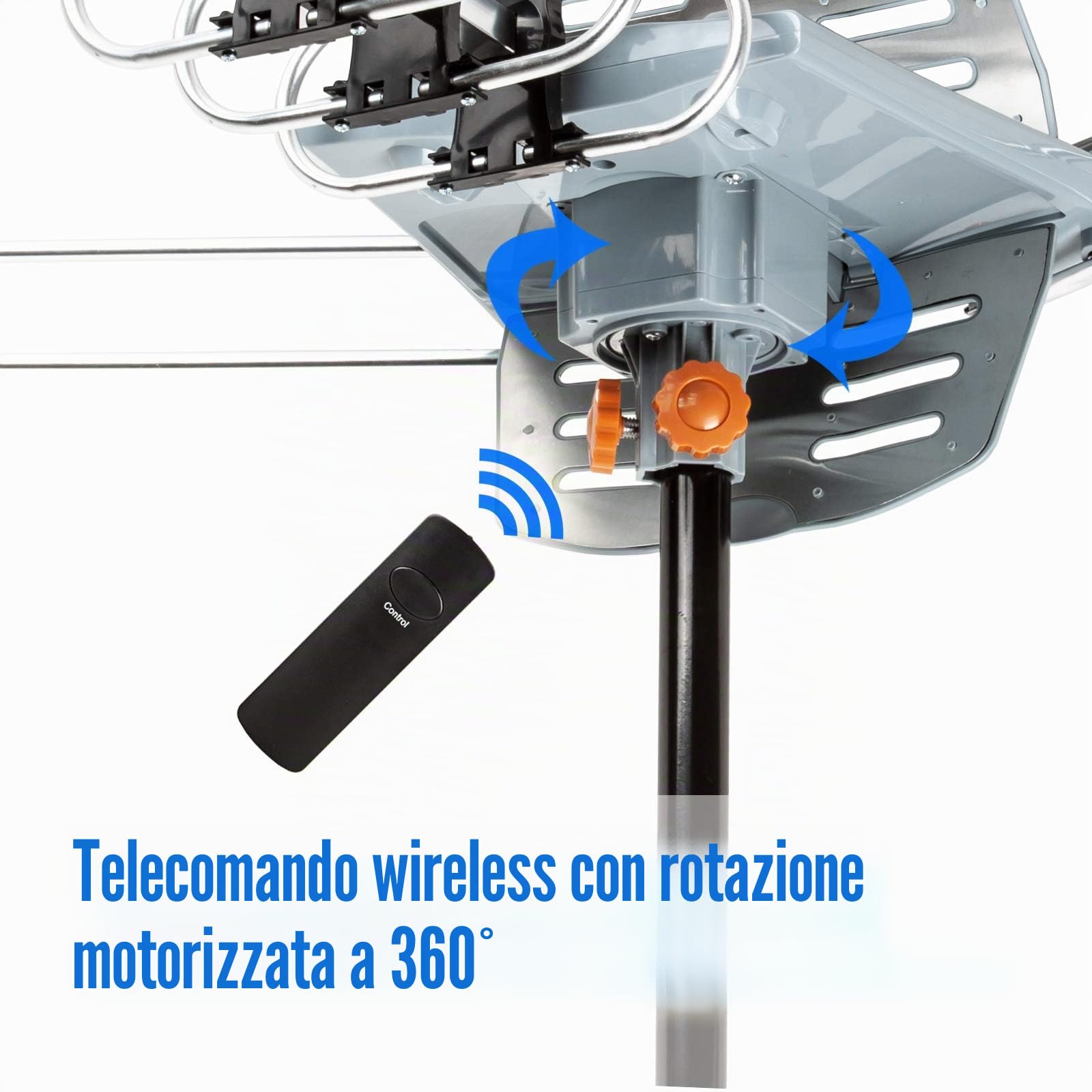 Five Star Antenna esterna motorizzata a 360 gradi con amplificazione HDTV per 2 TV, portata 241 km - Canali UHF/VHF/1080P, telecomando wireless - Cavo coassiale RG6 da 12 m