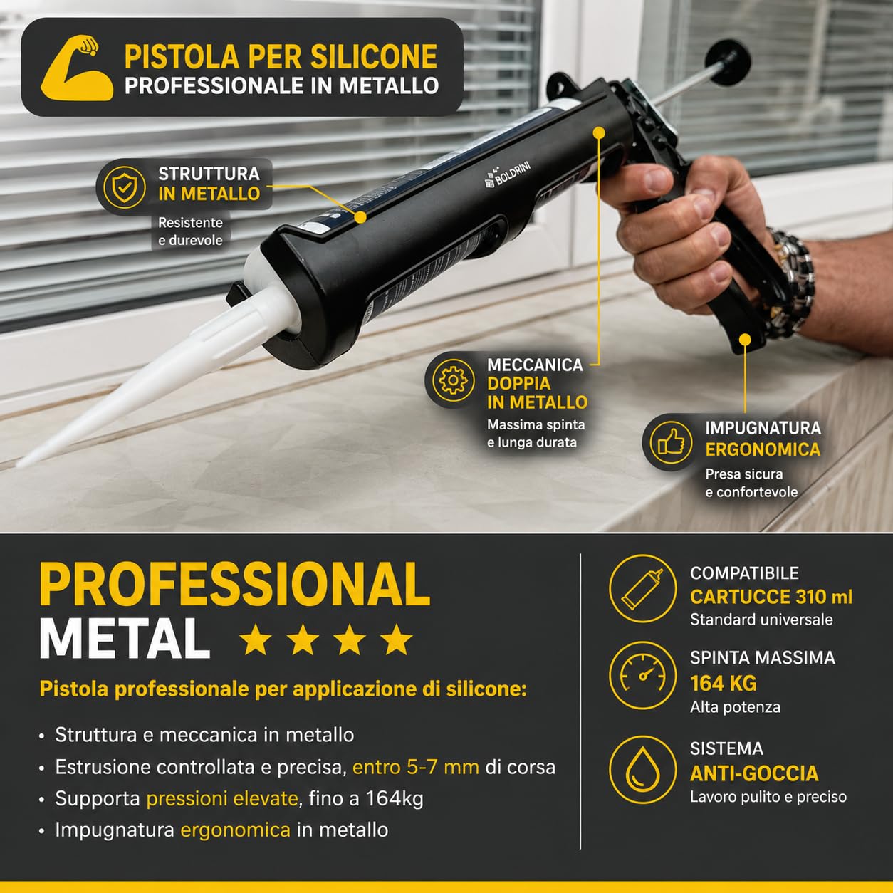 Pistola Professionale per Silicone e Sigillanti – Struttura e Meccanica in Metallo Robusto – Applicazione Controllata – Supporta Pressioni fino a 164 kg – Per Sigillatura Professionale e Fai-da-te