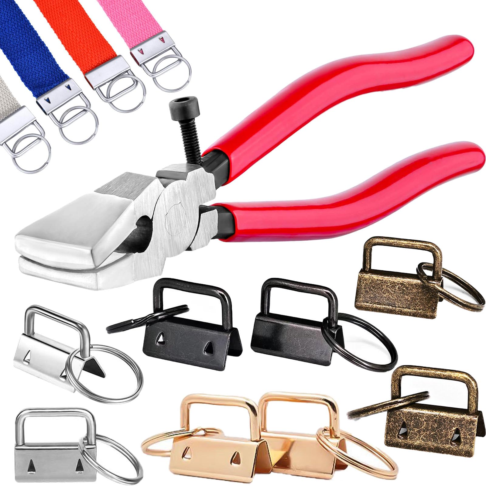 Key Fob Hardware Kit with Installation Pliers, 60 Pieces 1 Inch Wristlet Keychain Clips, 4 Colors for DIY Lanyard and Key Chain Making, Silver Black Bronze Gold