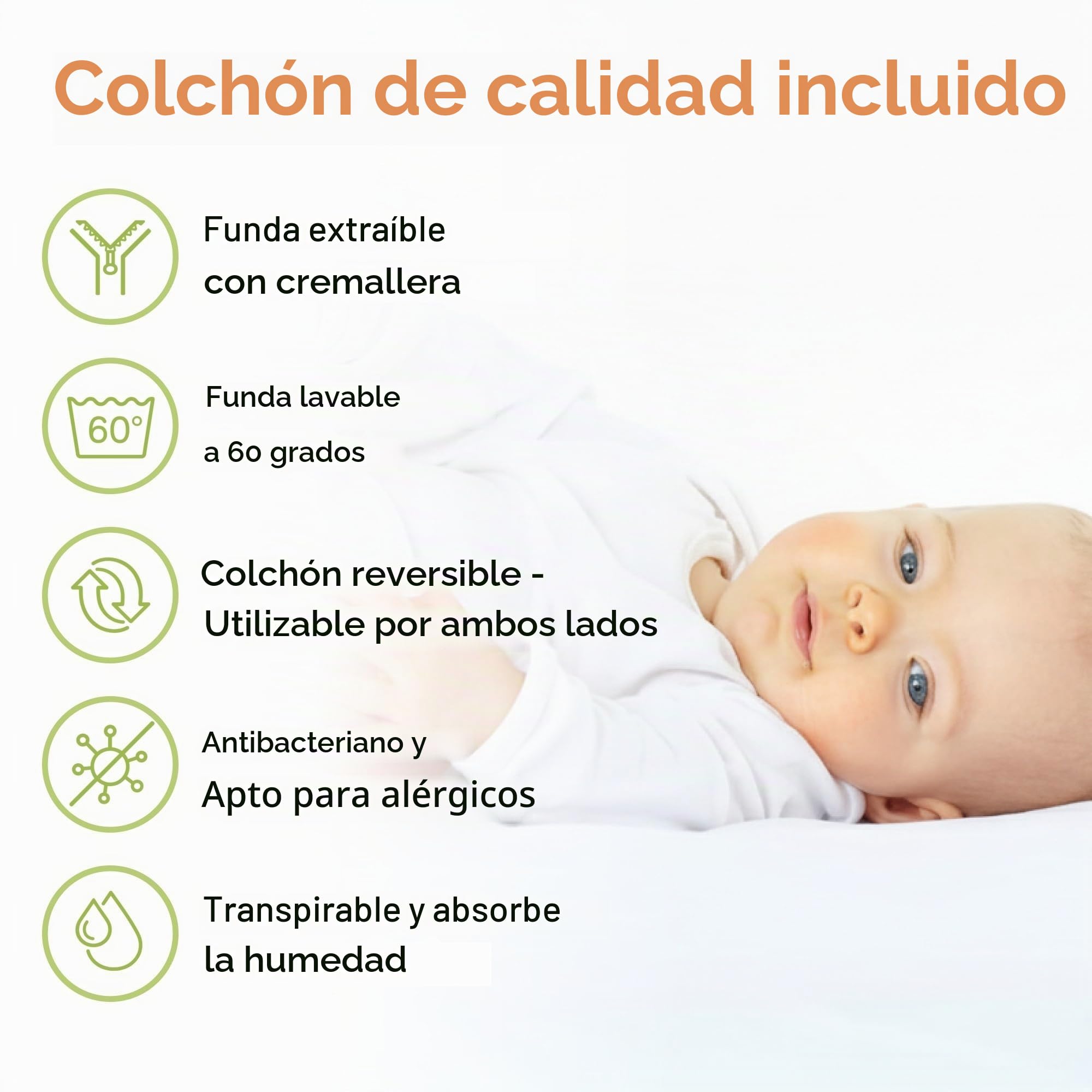 Cuna de bebé 70x140 con cajón, cuna con rejillas, cuna infantil, altura regulable y barras extraíbles con colchón | otras medidas: 60x120 cm | 70x140 cm: desde el nacimiento hasta los 6 años, color