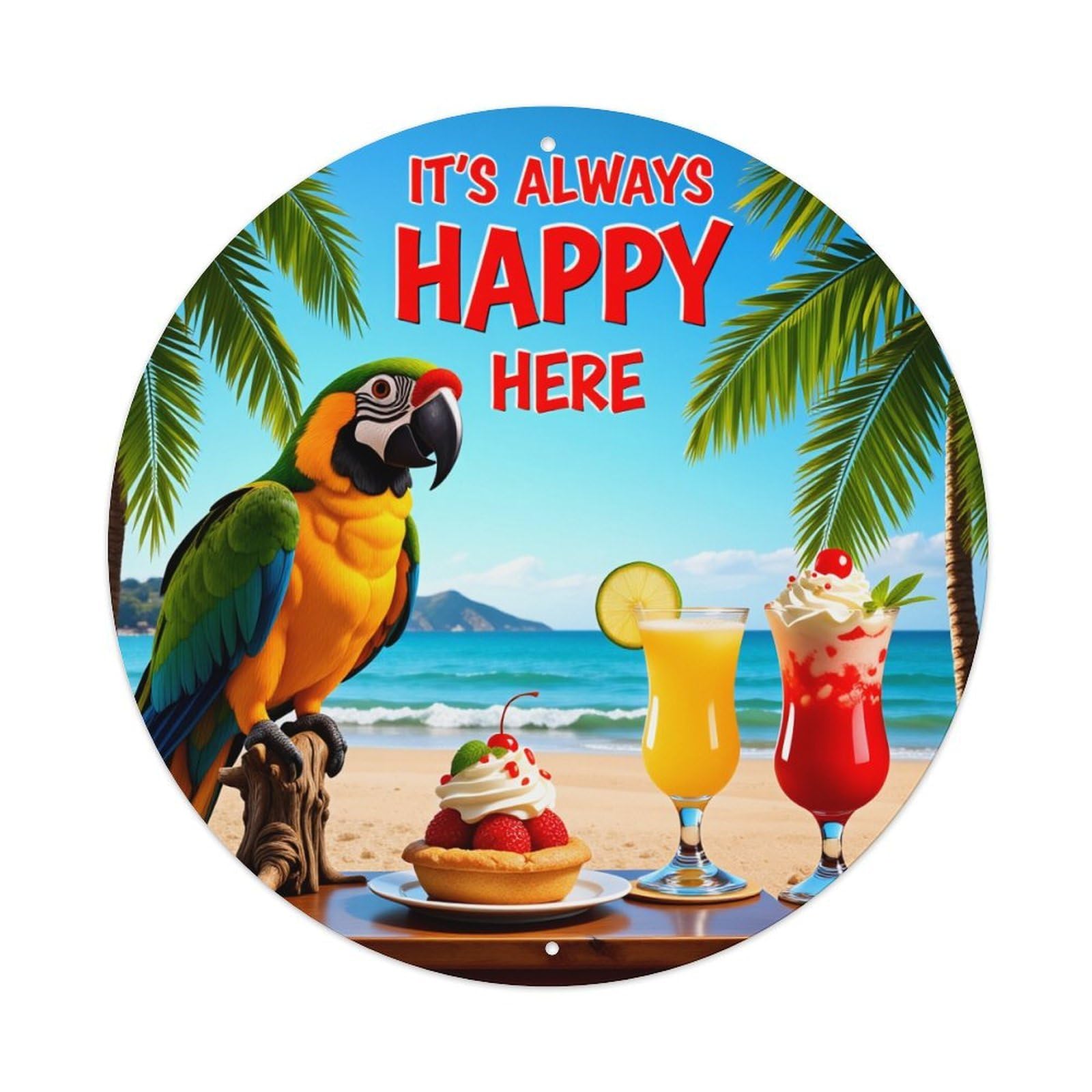 Tropical Paradise Cocktails Parrot Beach Round Tin Sign Vintage Metal Poster Retro Bar, Home, Man Cave, Kitchen, Laundry Room Wall Art Decor Gift 8x8In