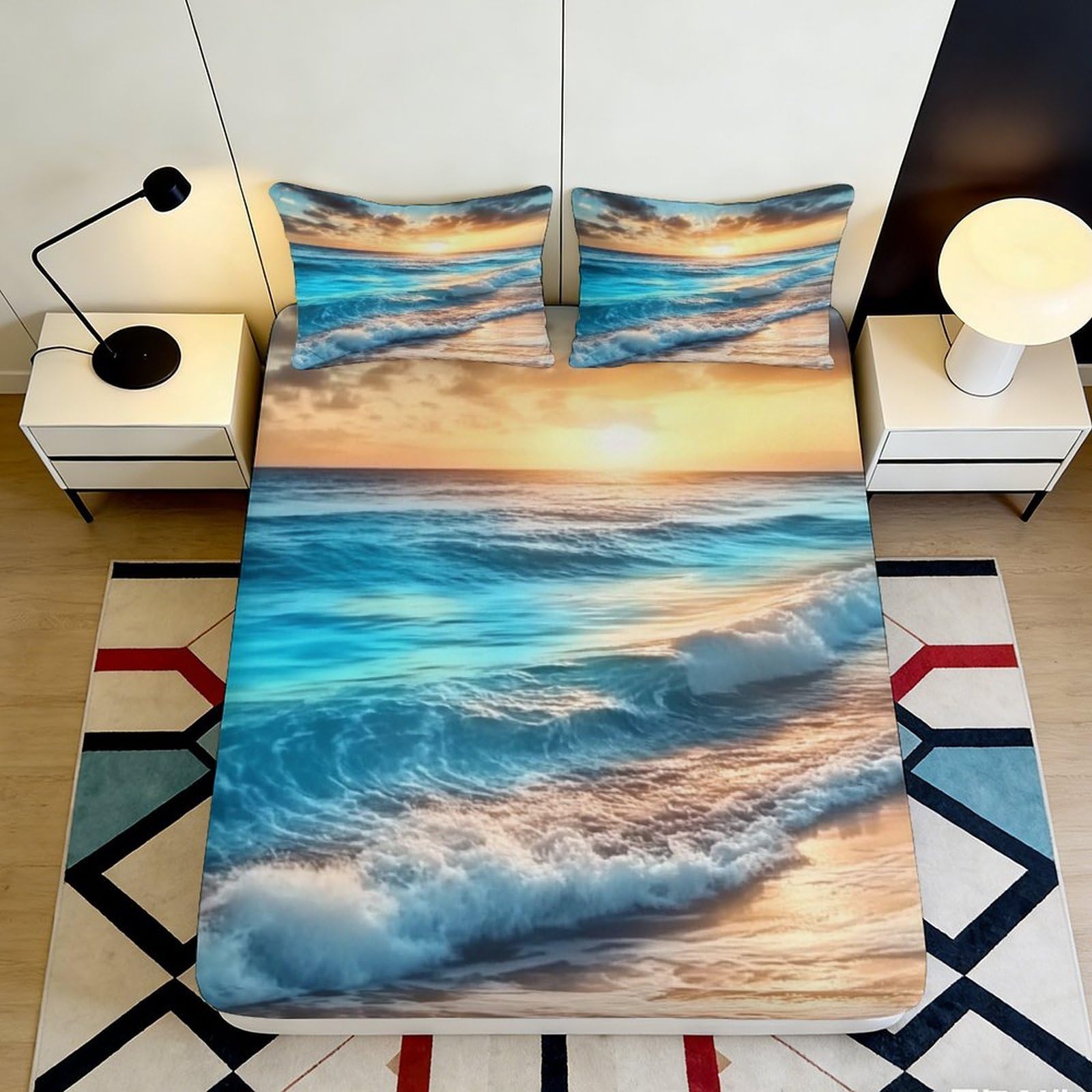 Pnayamiorkfel Style-2 3D Printed Ocean Sunrise Fitted Sheet Microfiber Soft Waves Bed Cover For Bedroom Guest Room Mattress Decor 90X200x25cm