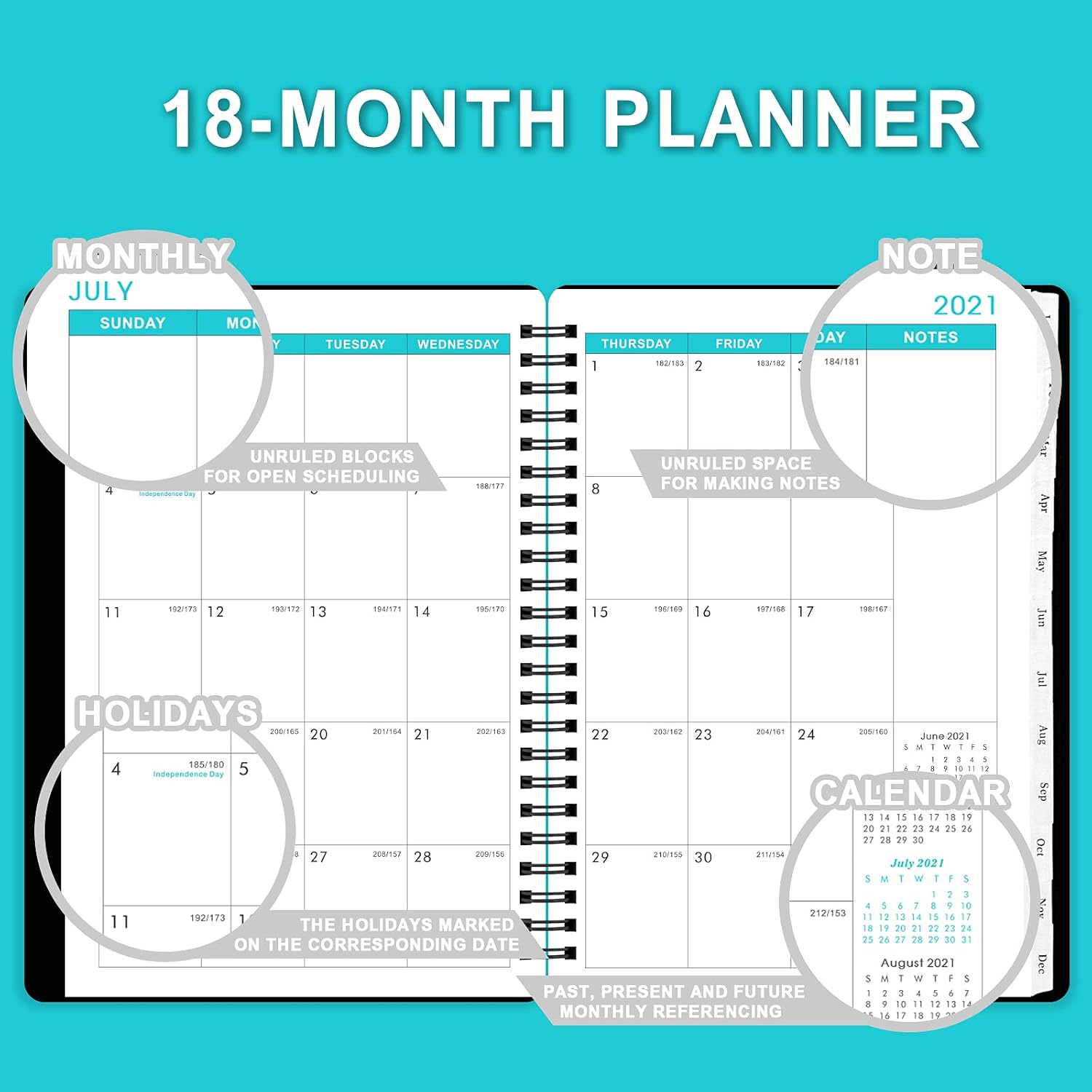 2022 Monthly Planner - 18-Month Planner with Tabs & Pocket, Contacts and Passwords, 6.3" x 8.4", Thick Paper, Jul. 2021- Dec. 2022, Twin-Wire Binding - Black by Artfan