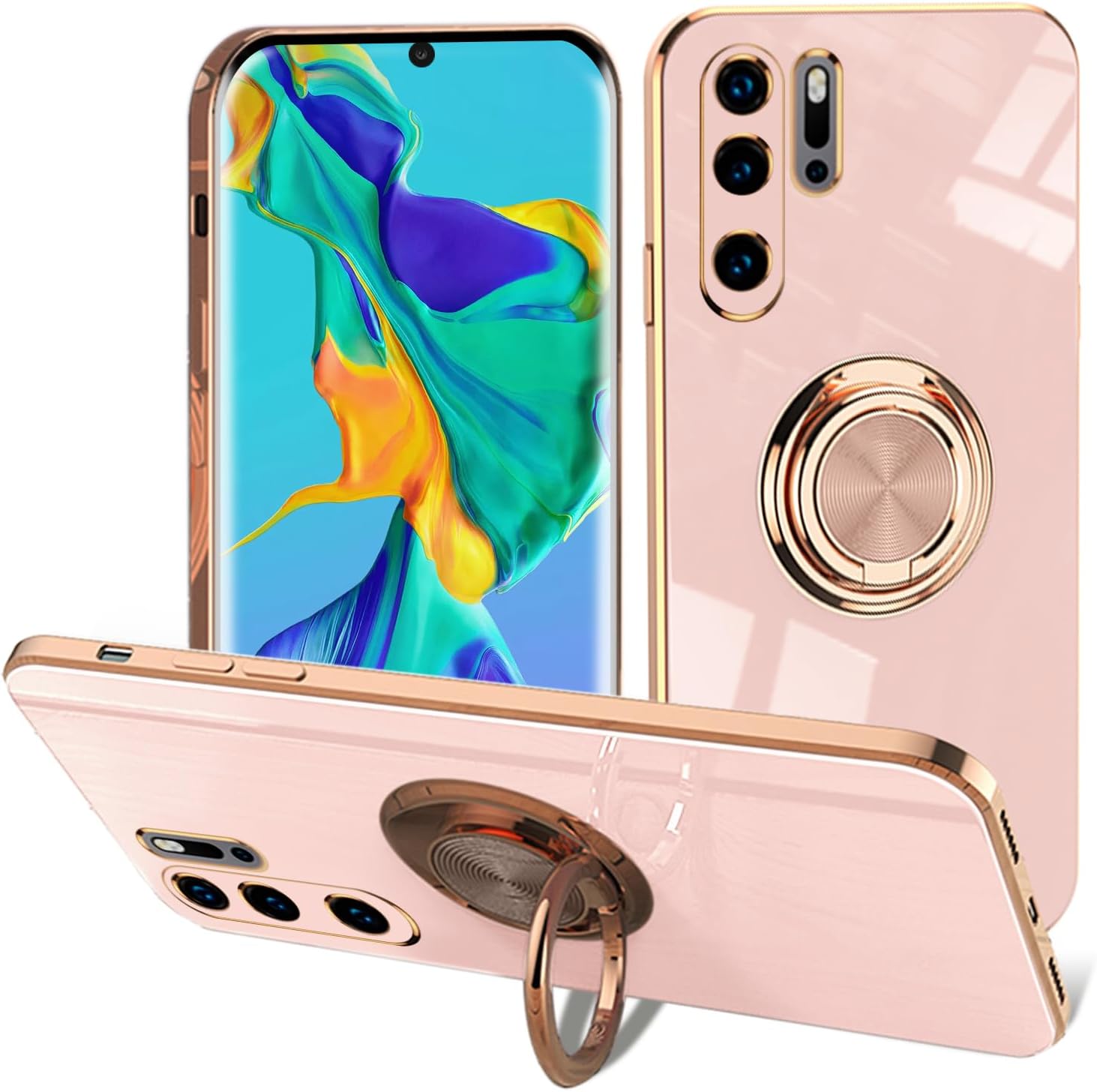 EYZUTAKElectroplated Magnetic Ring Holder Case for Huawei P30 Pro, 360 Degree with Rotation Metal Finger Ring Holder Magnet Car Holder Soft Silicone Shockproof Cover - Light Pink