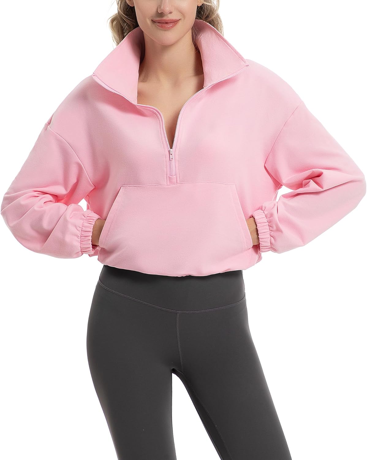 FKEEP Quarter Zip Pullover Women Cropped Sweatshirt Long Sleeve Crop Top Stand Collar Drawstring Casual Pullover - Image 4