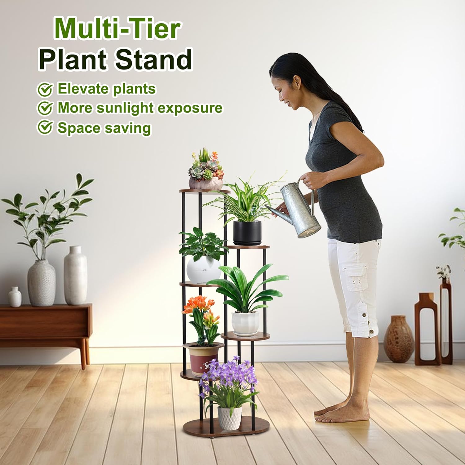 Plant Stand Indoor - 6 Tiers Plant Holder Indoor 7 Pots Flower Plant Shelf, 44.8 Inch Tall Large Wooden Plant Rack for Living Room, Patio, Balcony Decor, Gardening Gift, Black