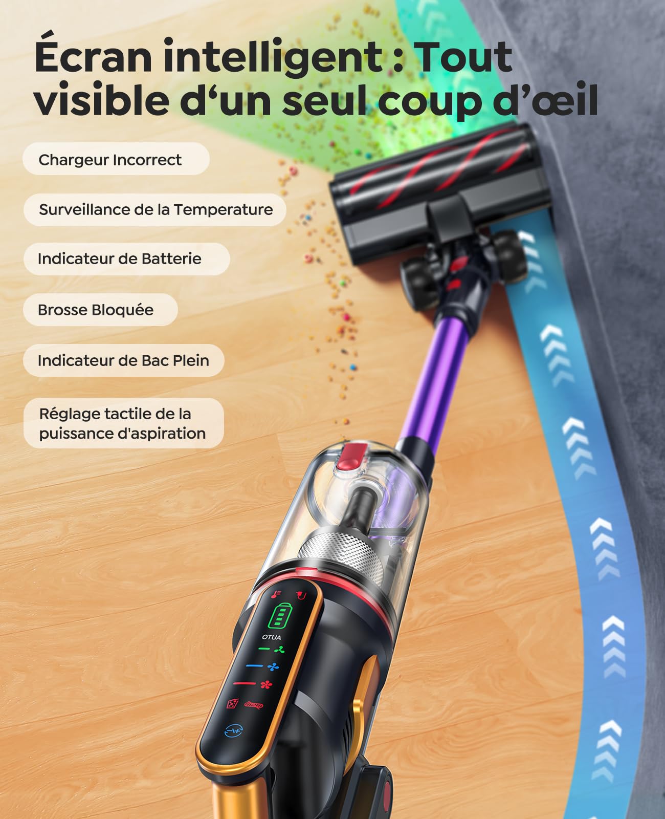 Fieety 50kPa/600W Aspirateur Balai sans Fil, 65Min Aspirateur sans Fil Puissant avec Brosse pour Animaux Tuyau Recharge Murale Mode Automatique Parfumé pour Poils d’Animaux Tapis Sols Durs et Voiture