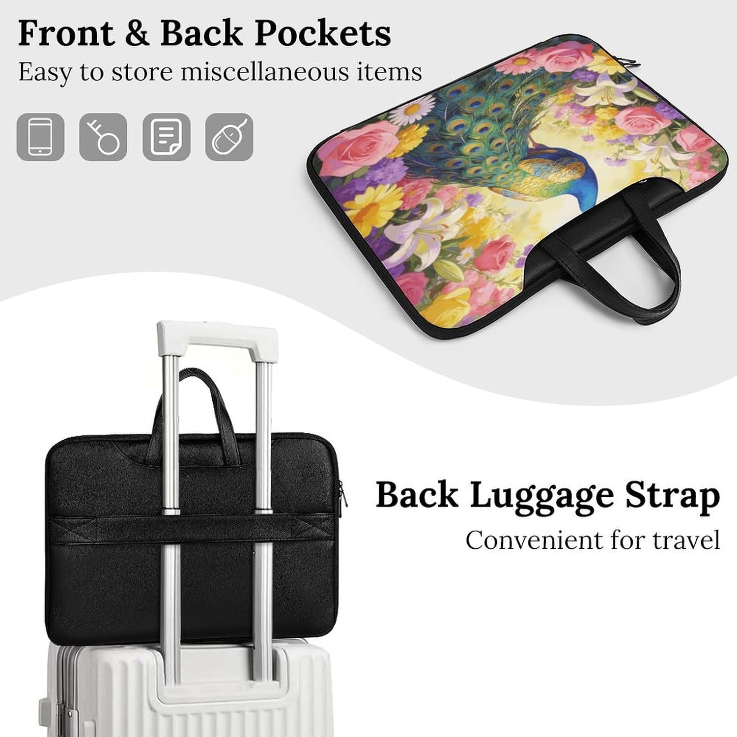 Colorful Peacock Laptop Case Sleeve for Men Women PU Leather image 3