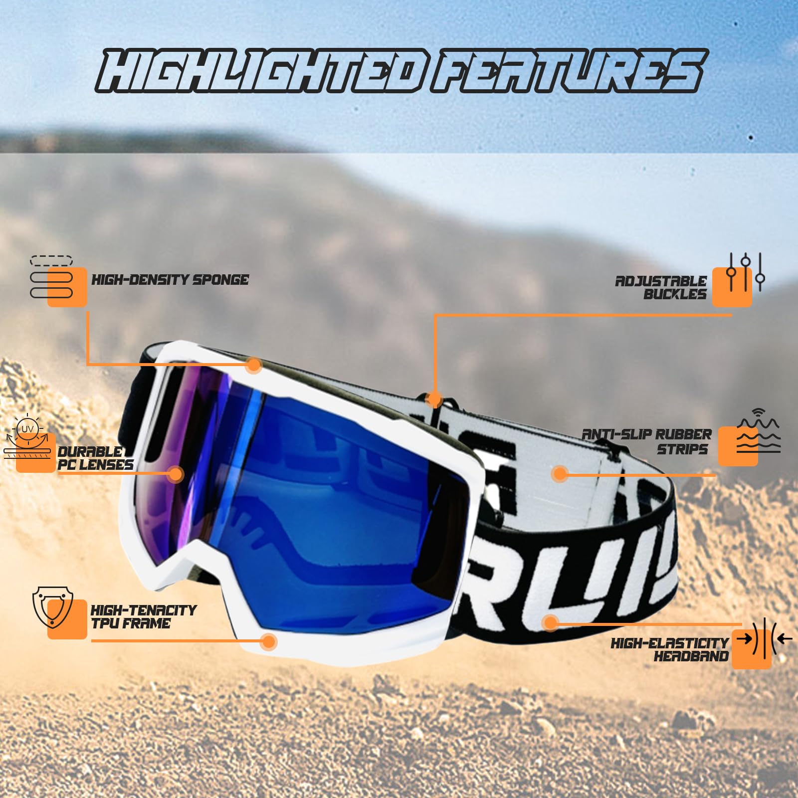 Lunette Moto Cross,Masque Moto,Lunettes Moto Anti-UV pour Conduite,Ski,Vol Libre,Compatibles avec les Casques Intégraux,Modulables et Autres Types de Casques
