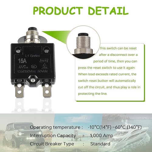 Miniatura 5 de Disyuntor de botón de reinicio manual de 15 A, 125250 V, CA, 50 V, CC, protector de sobrecarga térmica con terminales de conexión rápida y tapas de