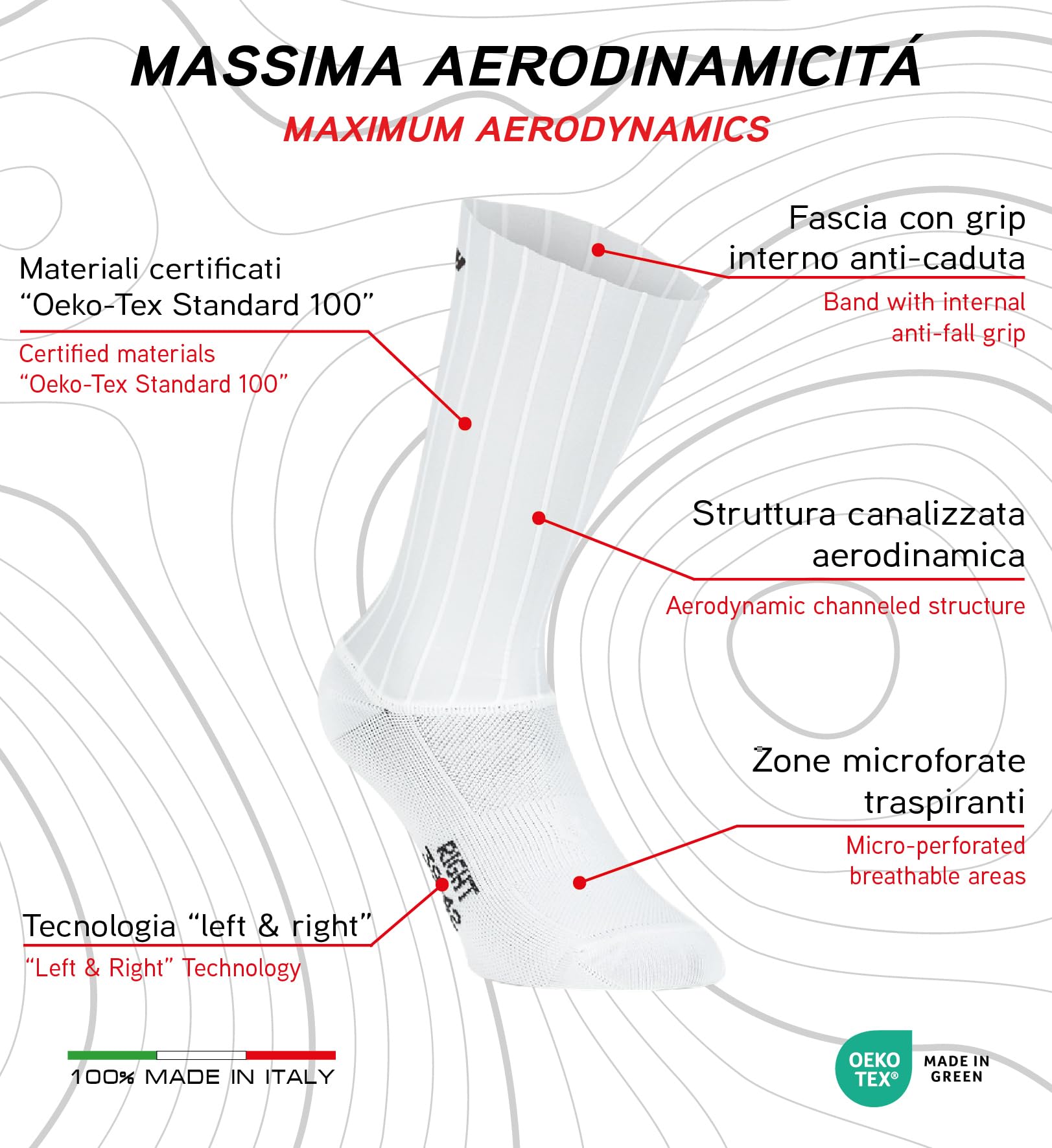 Calza Crono 7, 1 Paio, Calza Tecnica Aerodinamica, Calza Ciclismo, Costine per Minima Resistenza all'Aria