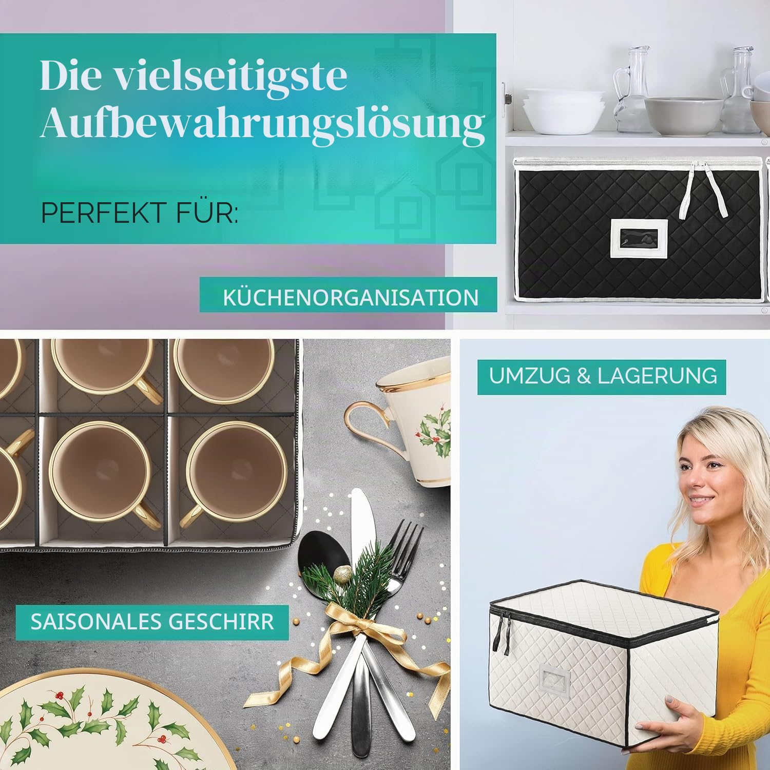 Geschirr-Aufbewahrungsset – gesteppte Behälter für feines Porzellan und Gläser – 12 Personen, 6-teiliges Geschirr-Aufbewahrungsset enthält 48 Filzschoner für Teller mit Einsteckkarten für einfaches