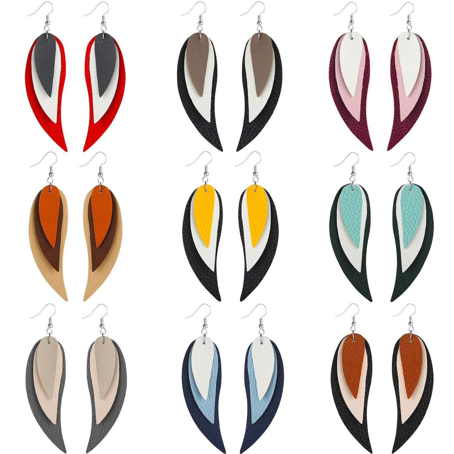 Starain 16 Pairs Layered Leather Earrings for Women Faux Feather Leather Dangle Earring Lightweight Teardrop Leaf Leather Earrings Set with Black Gifts Box