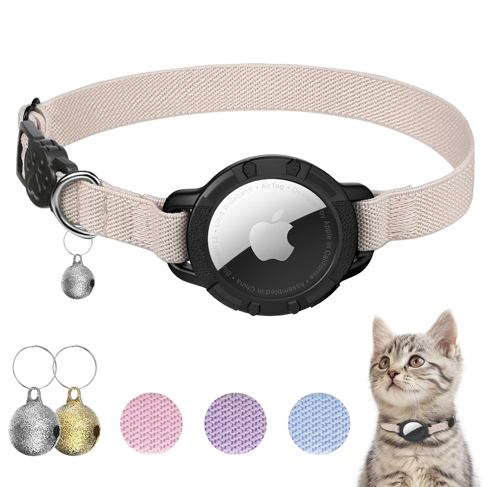 Collier AirTag pour chat extensible kaki pour sécuriser ses sorties au jardin