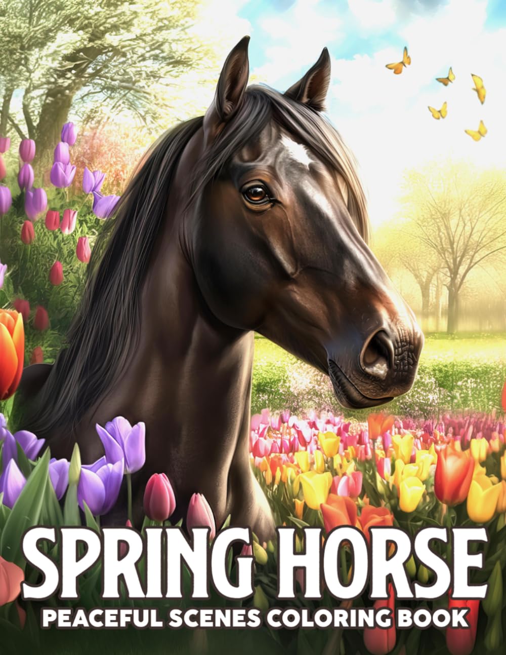 Spring Horse Coloring Book: Beautiful Floral Pony Coloring Pages with Blossom Fields, Butterflies, Peaceful Farm Scenes for Teens and Adults to Relax & Enjoy Creativity