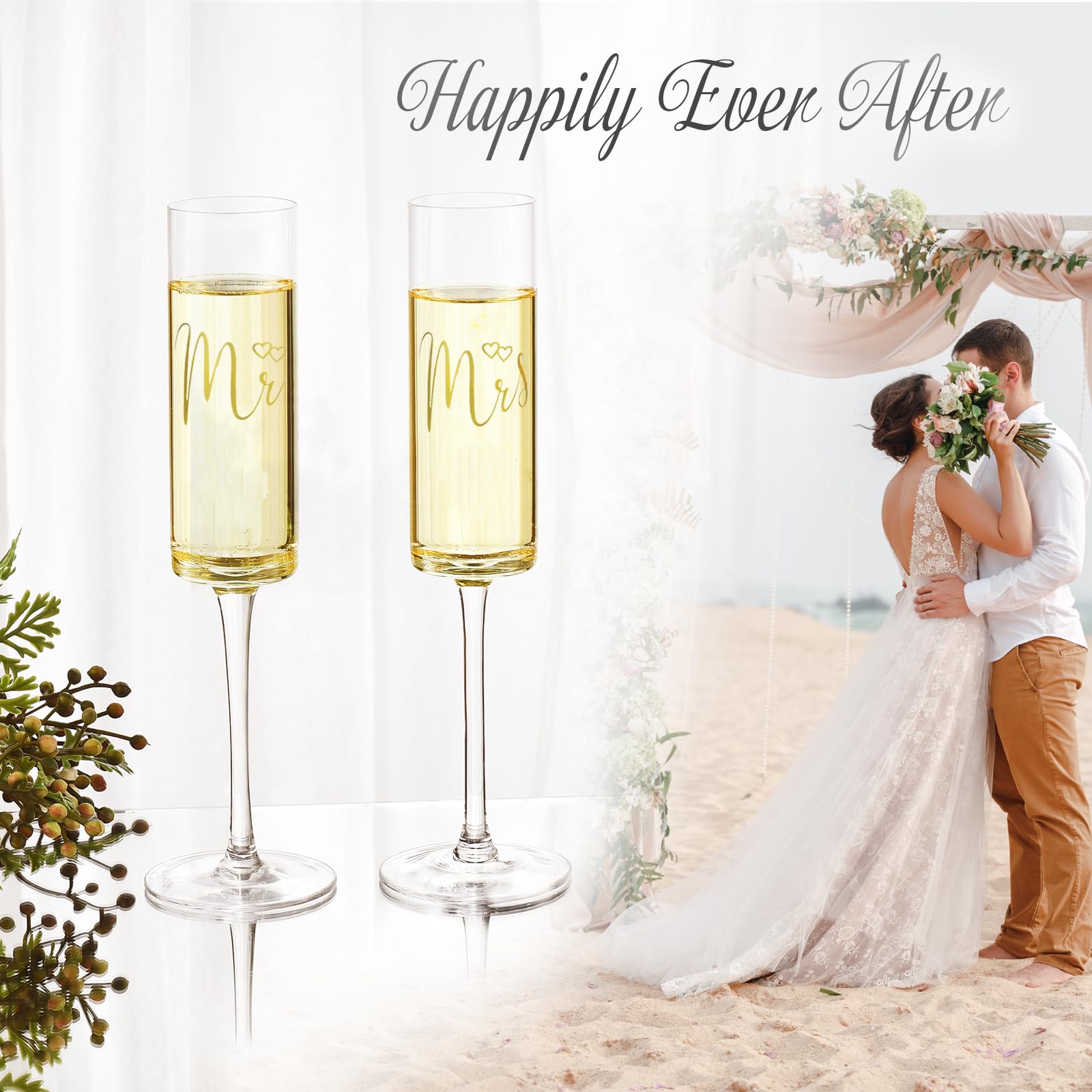 Set Of 2 Mr And Mrs Champagne Toasting Flutes For Bride And Groom, Wedding Wine Glasses For Newlyweds, Engagement Gifts: Champagne Glasses