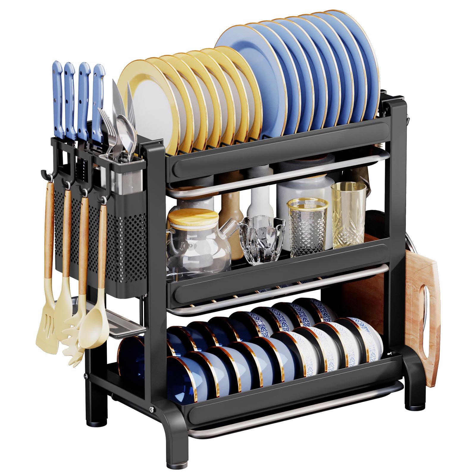 Escurridor de platos para encimera de cocina, escurridor de platos de acero inoxidable de 3 niveles con soporte para cubiertos y escurridor, estante que ahorra espacio, acabado negro