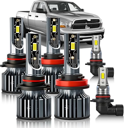 Fit For Dodge Ram (2009-2012) 1500 2500 3500 with 4 Headlamps Light Bulbs,High and Low Beam Light Bulbs and Fog Light Bulbs, Plug and Play, IP68 Waterproof, Pack of 6