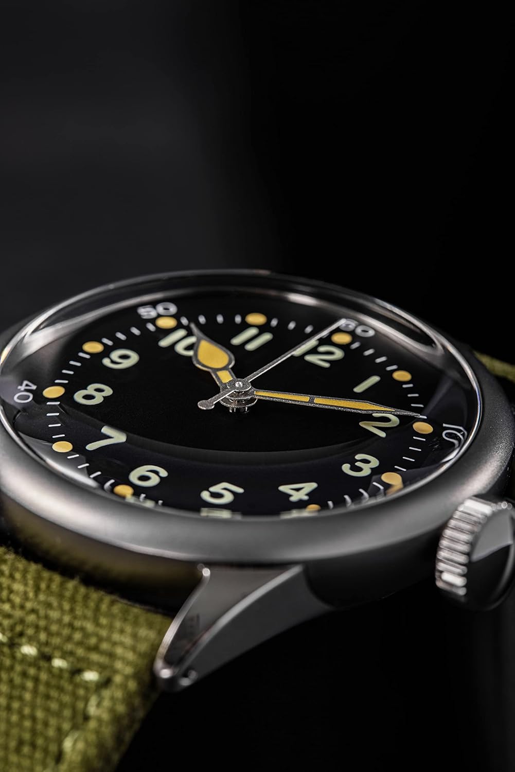 PRAESIDUS - A-11 Service Watch, Mens Automatic NH-35 Movement Self-Winding Mechanical Wrist Watch | Assembled in The USA | Military Watch Tom Rice A-11 (42mm) Black Dial / Green Strap