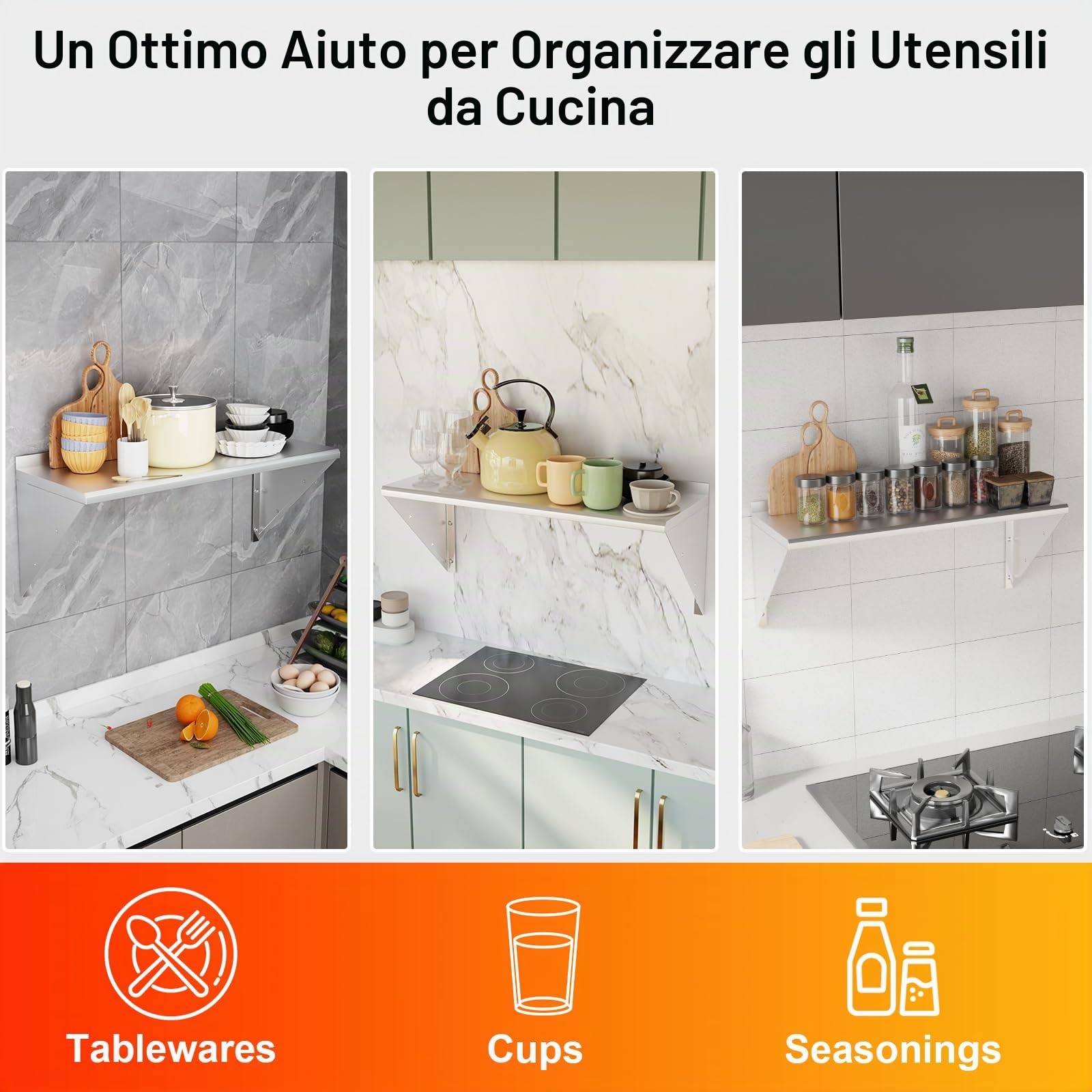Mensole da Muro in Acciaio Inox per Sistemare Montaggio a Parete Design ad arco, capacità di carico fino a 80 kg per, Cucina, Garage Officina,ecc(80 * 30cm)