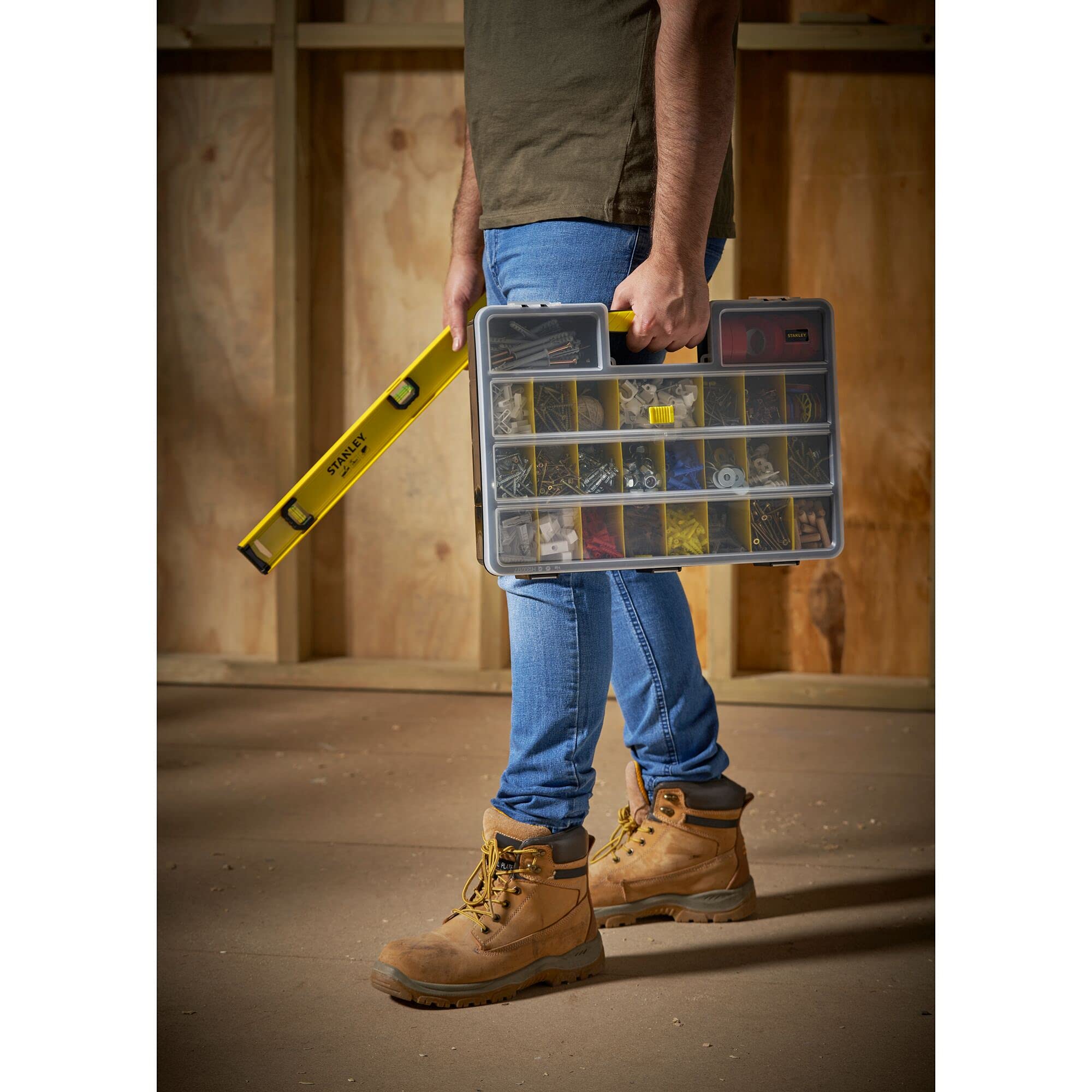STANLEY 1-92-762 Organiseur Avec 25 Compartiments - Couvercle Abs Antichocs - Corps En Polypropylène - 8 X 45,7 X 33Cm - Séparateurs De Compartiments Amovibles - Poignée Moulée