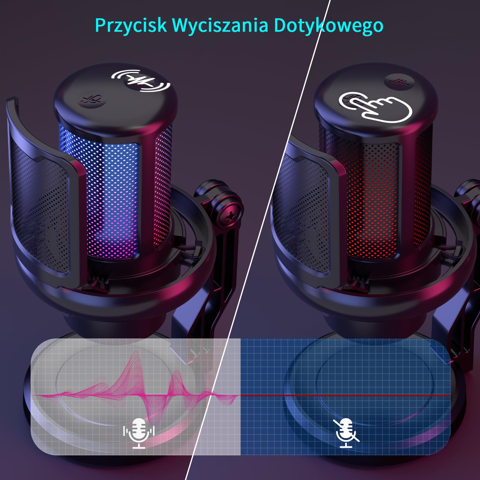 K KASONIC Mikrofon Gamingowy z Oświetleniem RGB, USB Mikrofon Pojemnościowy z Filtrem Pop dla PC, Szybkie Wyciszenie i Redukcja Szumów, Zestaw Mikrofonu Biurkowego dla PS4/5