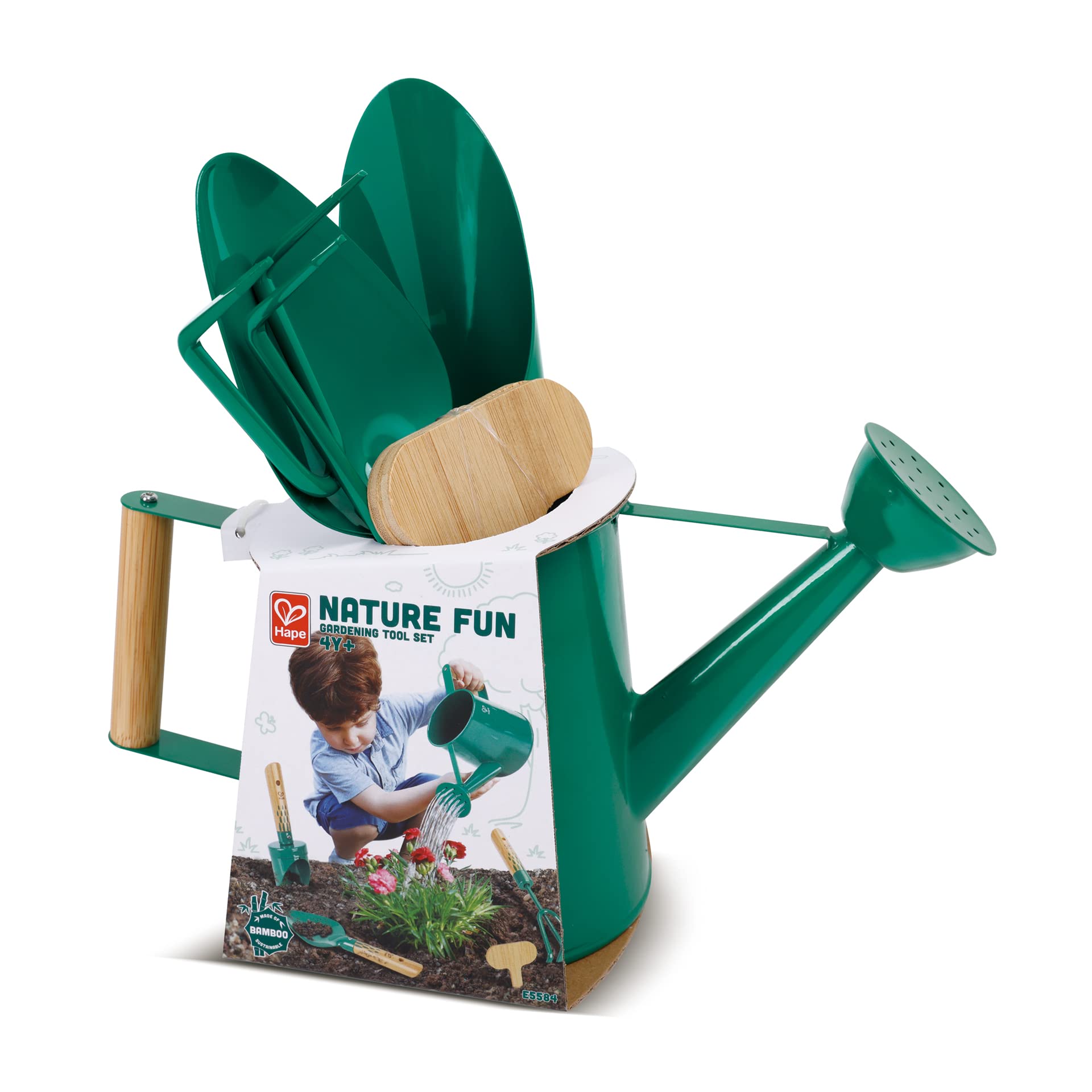 Hape Nature Fun - Set da Giardinaggio: annaffiatoio, spatola, rastrello e minivanga in Ferro e bambù per Piccoli giardinieri dai 4 Anni in su