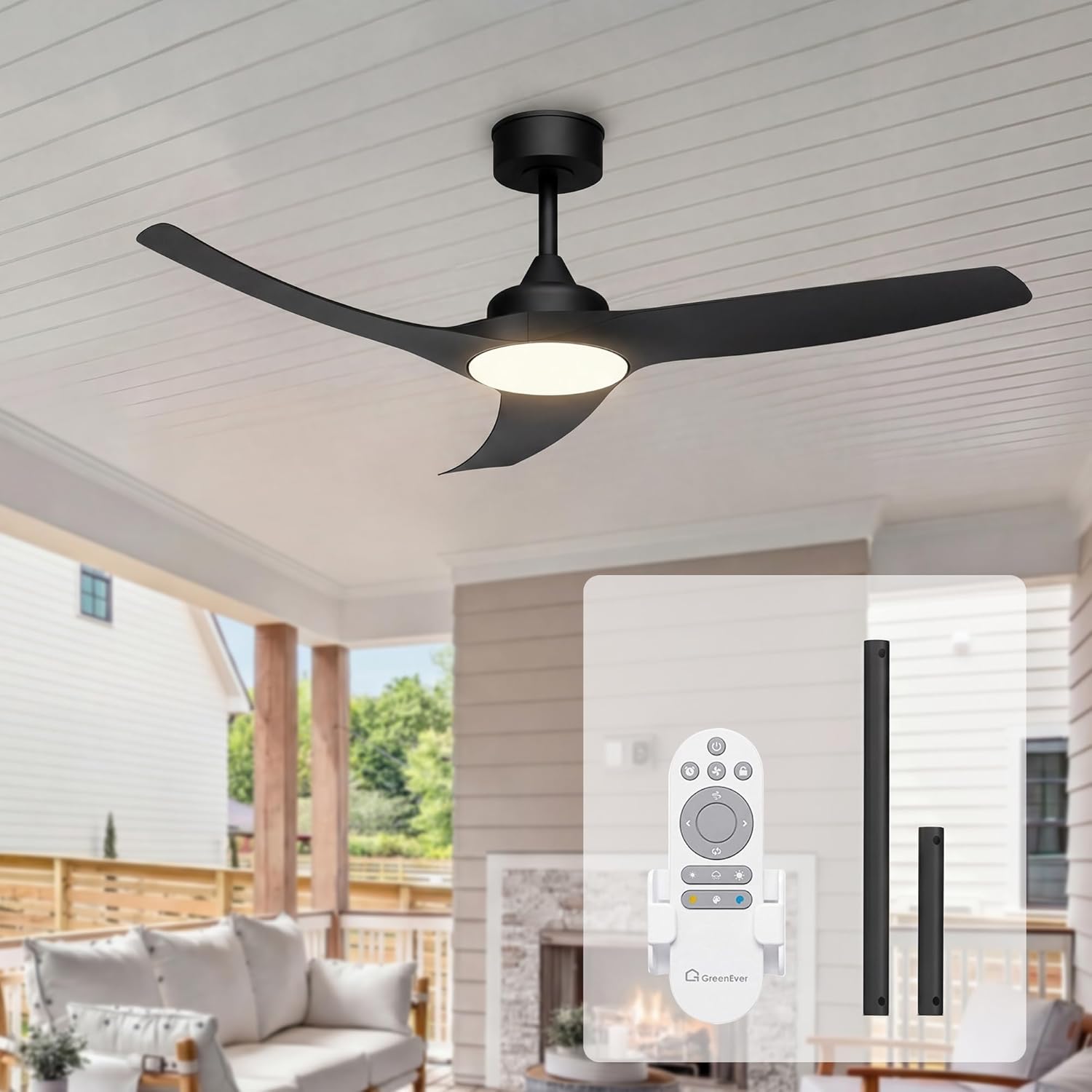 GREENEVER 52 Inch Indoor Outdoor Ceiling Fan with Light and Remote, Damp Rated Quiet Reversible DC Motor, 3CCT Dimmable Memory LED, Modern Fan for Patio Bedroom Living Room, Matte Black by GRANDJOY