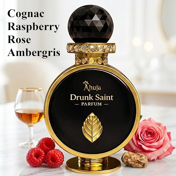 AHUJA Drunk Saint Parfum 3.4 oz Unisex Luxury Fragrance | 30% Organic Oils | Long Lasting Niche Scent | Cognac, Raspberry, Rose, Ambergris | Premium Gift Box Packaging | Even Angels Get Drunk