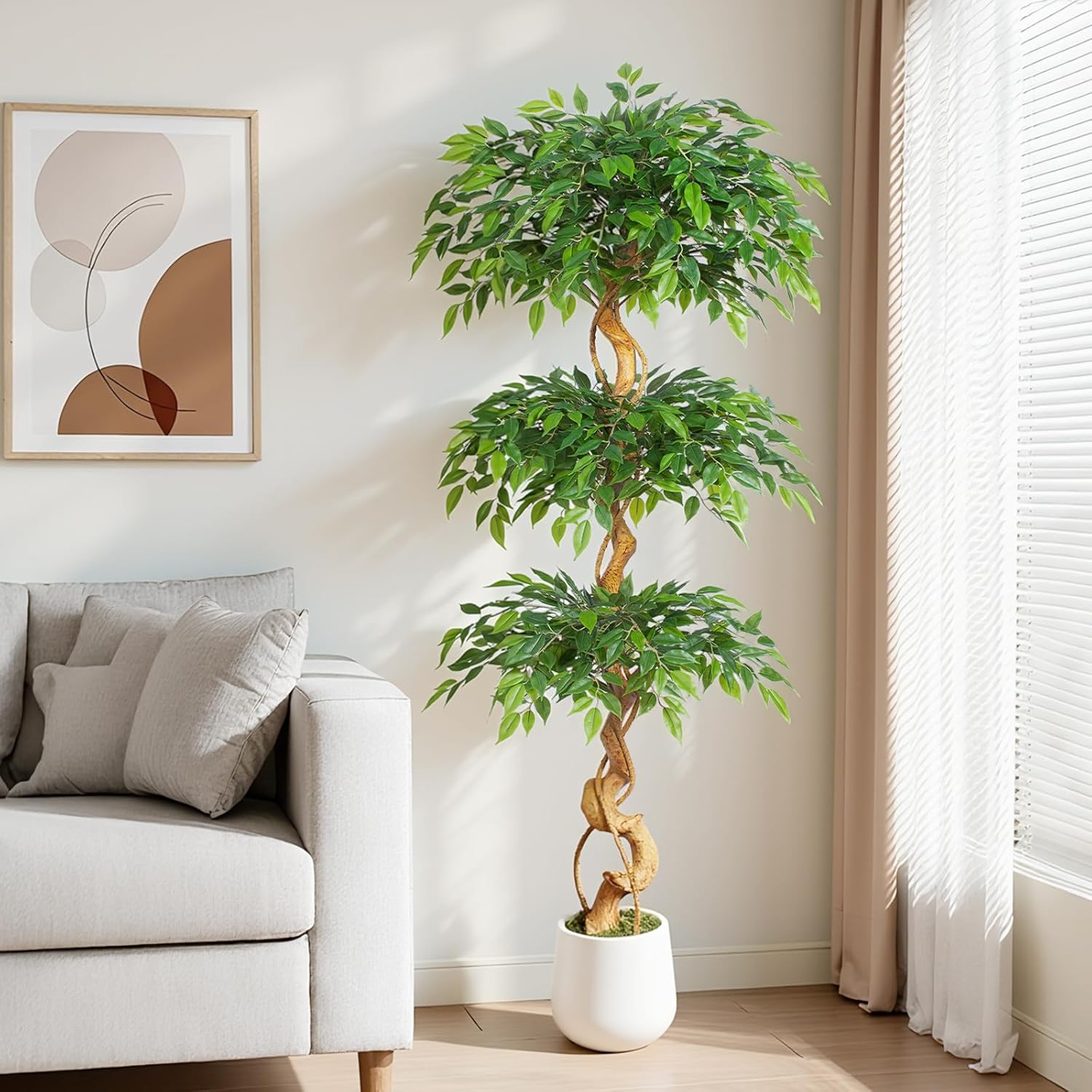 6ft Large Ficus Artificial Trees in White Pot, 72" Tall Fake Silk Tree with Natural Curved Trunk, Lush Faux Ficus Tree for Indoor Home Decor, Living Room, Office & Patio