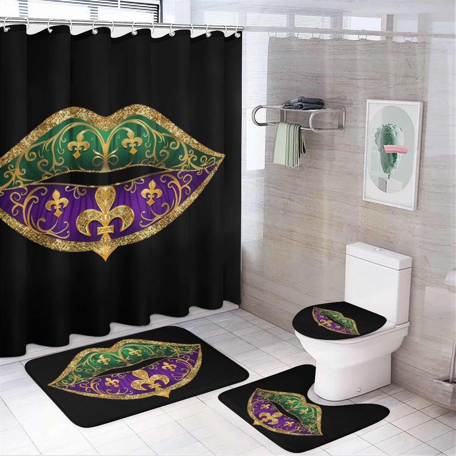 CGSBNGHA Mardi Purple Green Lips Fleur-De-Lis Gras Shower Curtain Set 4 Piece Bathroom Sets with Rugs Toilet Lid Cover And U-Shaped Floor Mat