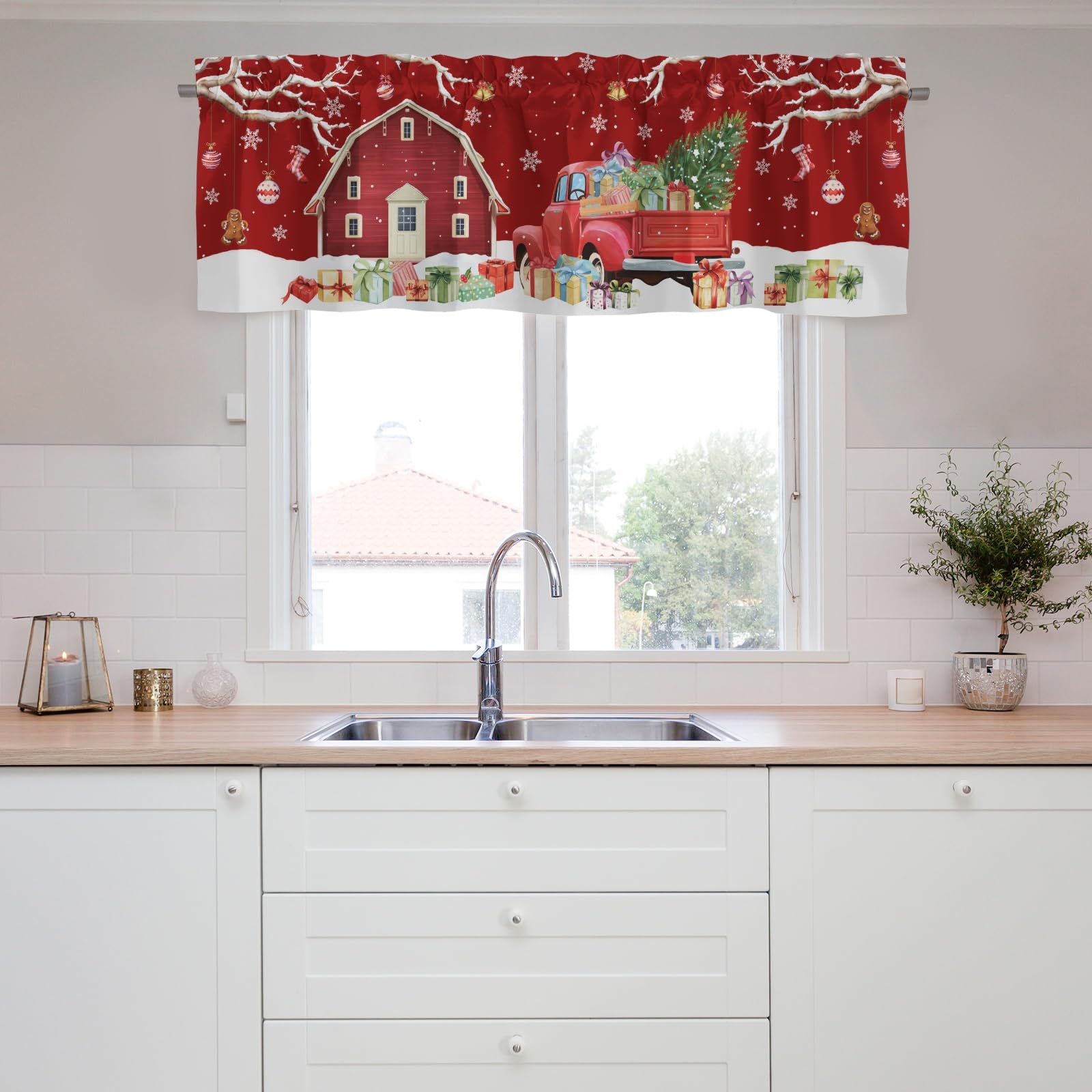 Valance Curtains,Christmas Short Valance Window Curtains,Blackout Kitchen Curtain,Curtains Rod Pocket Valances,Farmhouse Country Window Curtains for Kitchen Window Bathroom Bedroom Christmas Decor