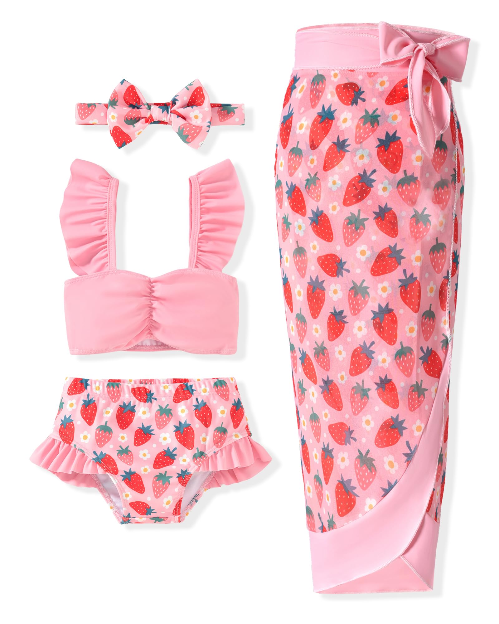 Infant Toddler Baby Girl Two Piece Swimsuit with Cover Up Skirt Ruffle Bathing Suit Bikini Headband Set