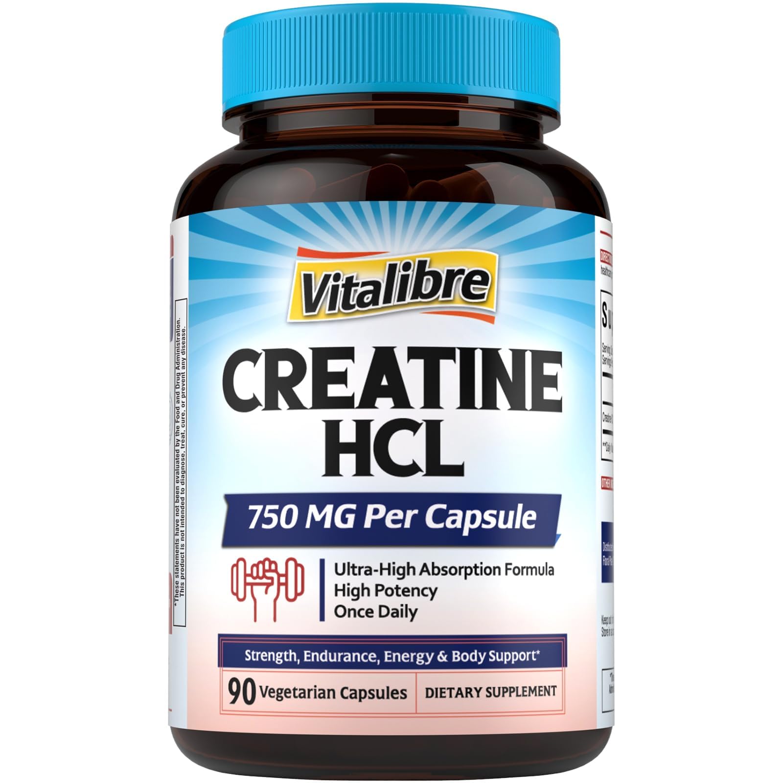 Vitalibre Creatine HCl Capsule, 750mg High Absorption Creatine Hydrochloride, Endurance, Strength, Fast Absorbing, No Load, No Bloat, Monohydrate Micronized Alternative, Once Daily, 90 Capsules 90 Count (Pack of 1)