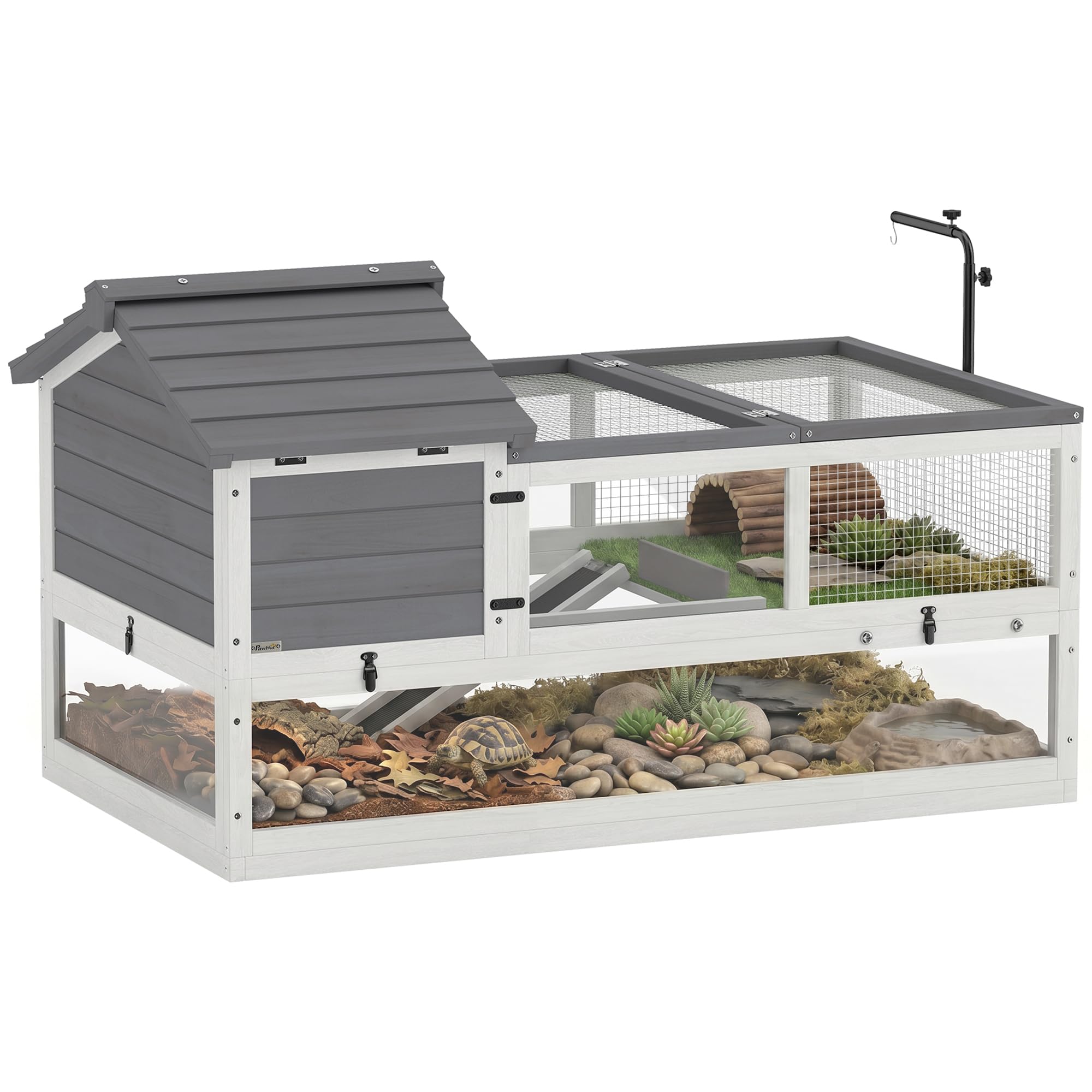 PawHut Drewniane terrarium zewnętrzne dla żółwia 116x70,5x69,5 cm Szary | Wybieg dla żółwia, dwa główne domy, uchylna góra, uchwyt na lampę, klatka dla gadów, dla żółwi i gadów