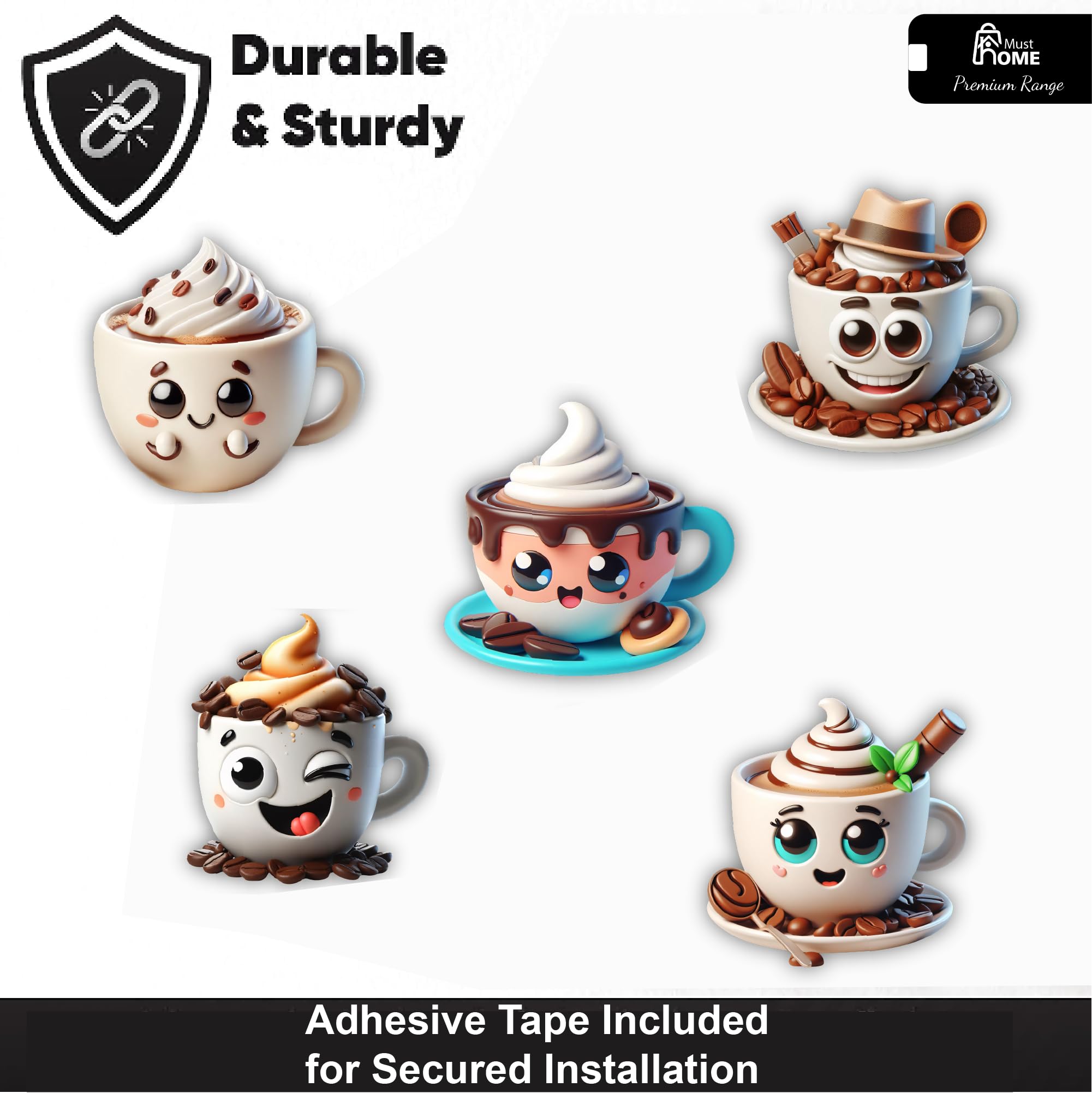 MustHome Kitchen Decoration Items, Coffee Cups | Cute Smile Cup and Cups Kitchen Wall Decor | Stickers Wall | Wall Reusable Stickers, Reusable Sticker s, Set of 5, Wood 1