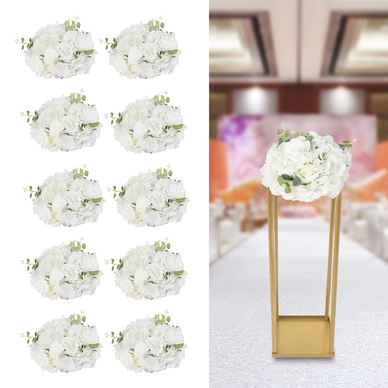 Bola de flores artificiales, 10 unidades, bolas de flores para centros de mesa, flores artificiales, rosas blancas y verdes y hortensias, arreglo de bolas de flores para decoración de bodas, bolas de